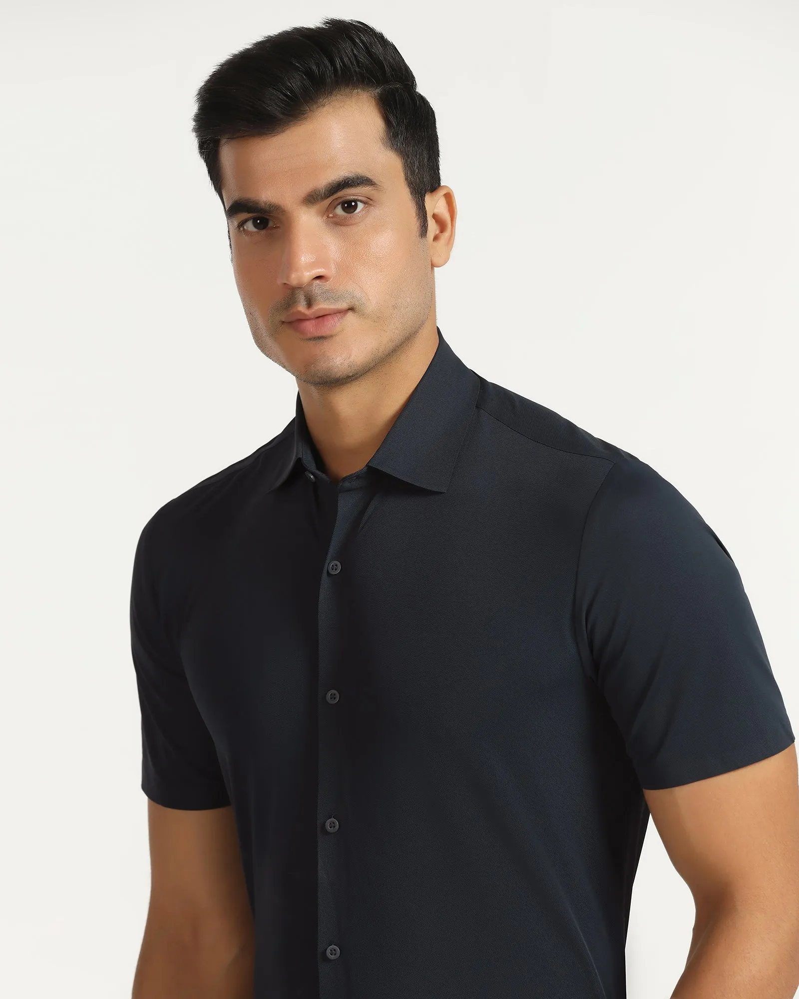 TechPro Formal Half Sleeve Navy Textured Shirt - Kanon Animal Print Modern Aesthetic