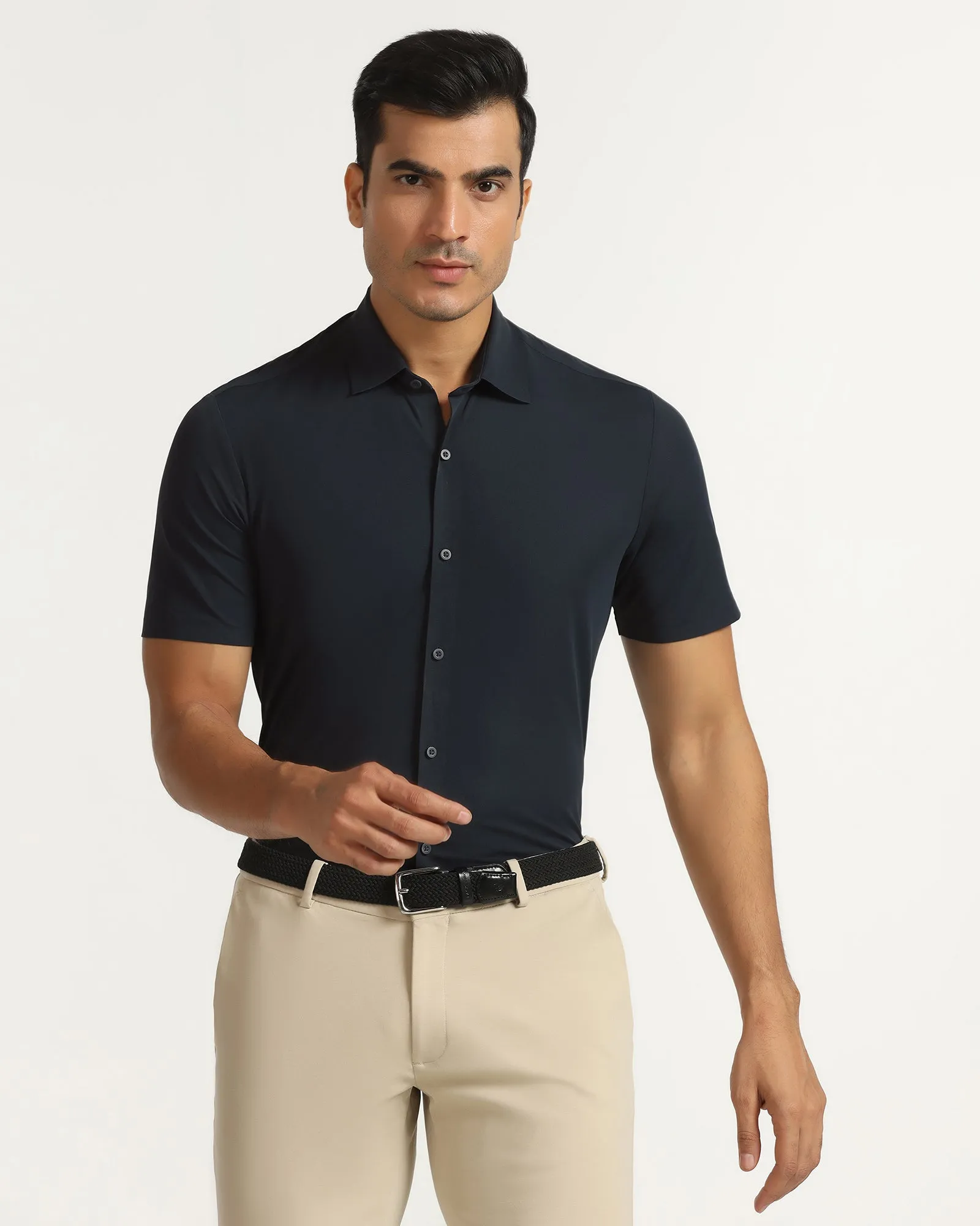 TechPro Formal Half Sleeve Navy Textured Shirt - Kanon Smooth Zipper Design Non-irritating