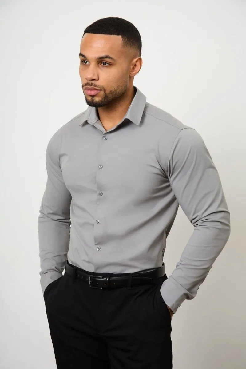 Polished Placket Summer Must-have Athletic Fit Dress Shirt in Grey