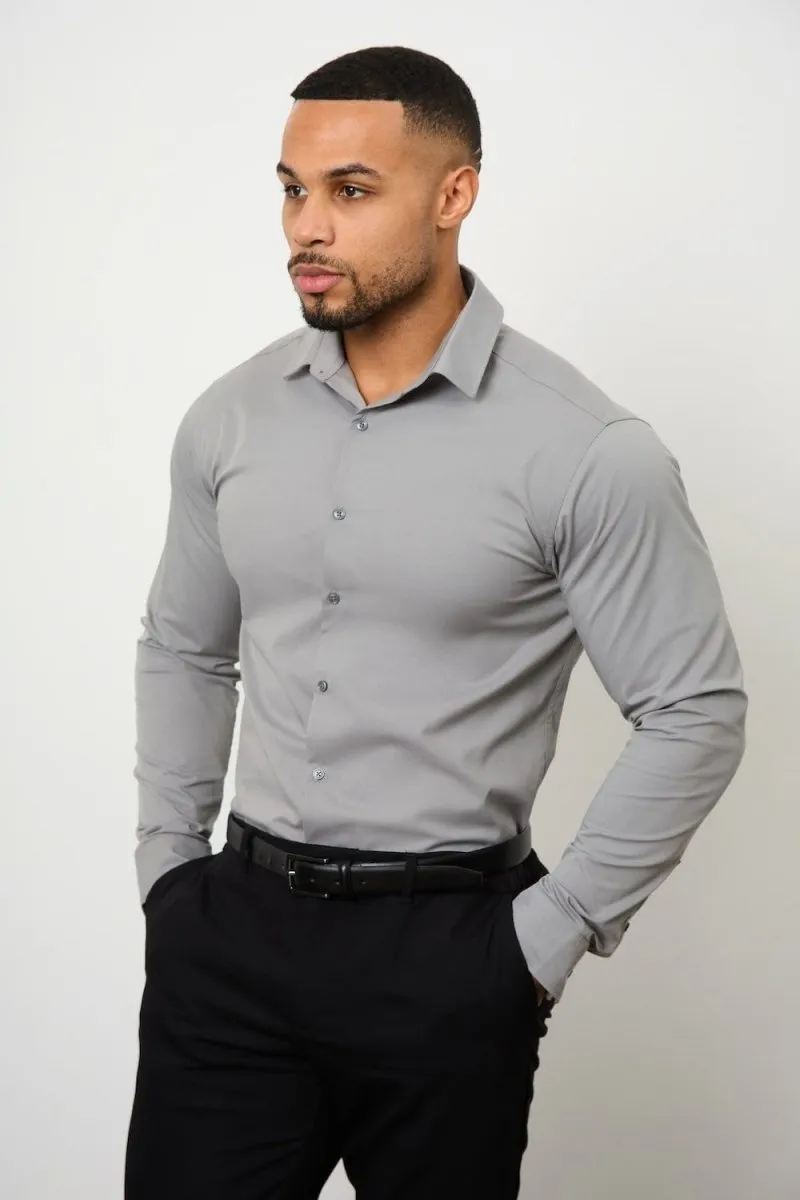 Flexible Shoulder Panels Youthful Style Athletic Fit Dress Shirt in Grey