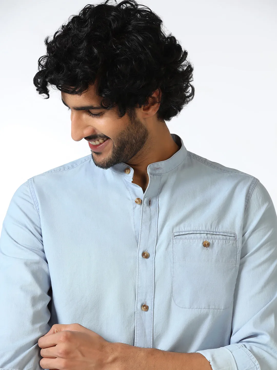 Indigo Mandarin Collar Solid Shirt - Zion Winter Collection Non-Iron
