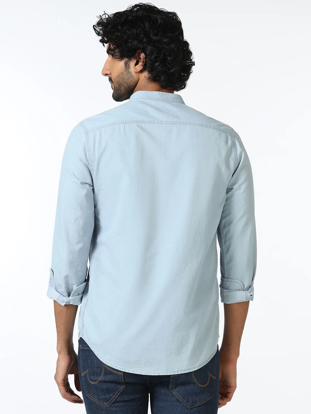Indigo Mandarin Collar Solid Shirt - Zion Long Sleeve No Slip Shoulder Grips