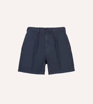 Washed Navy Cotton Twill Single-Pleat Shorts UPF Sun Protection