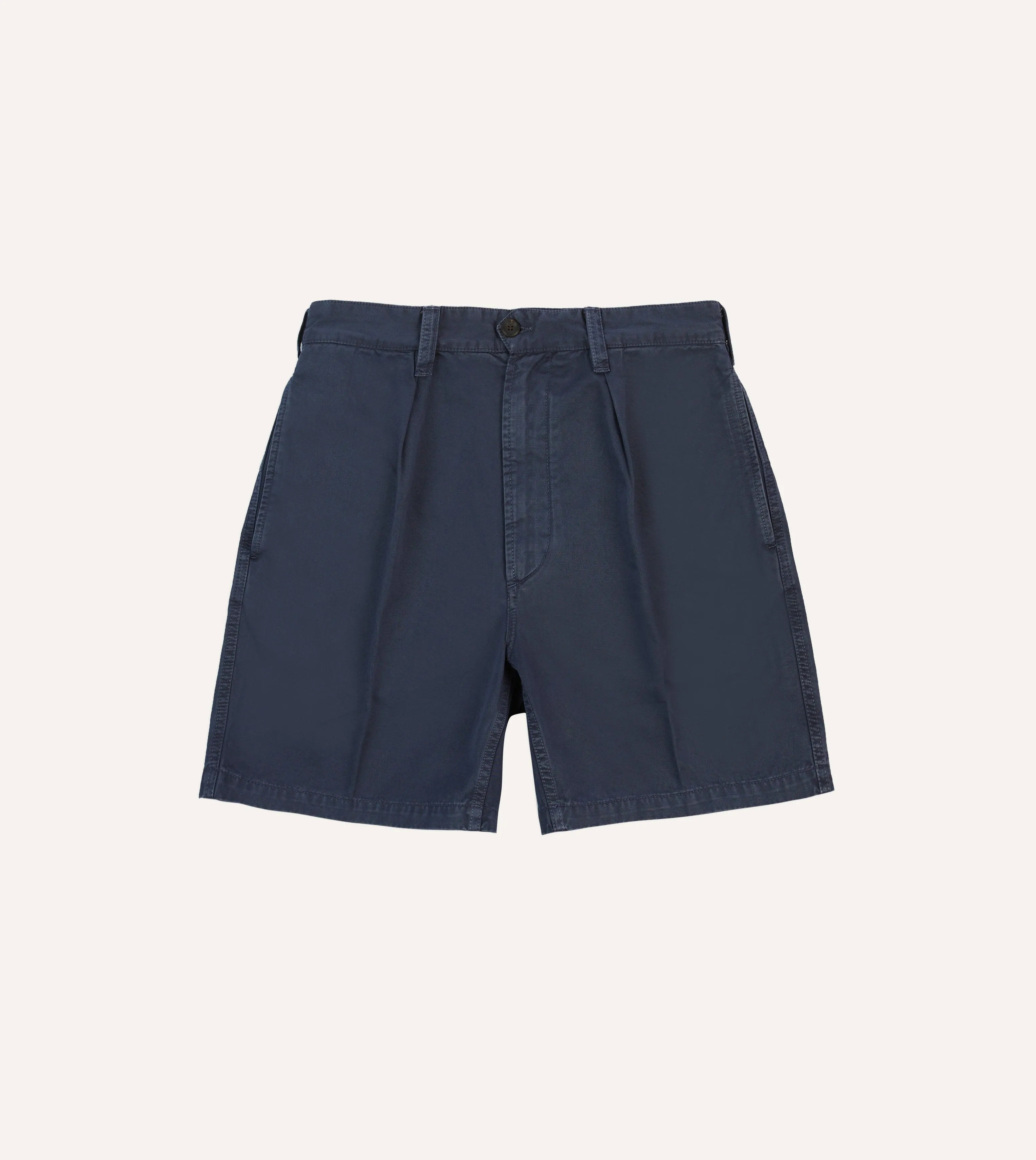 Washed Navy Cotton Twill Single-Pleat Shorts UPF Sun Protection