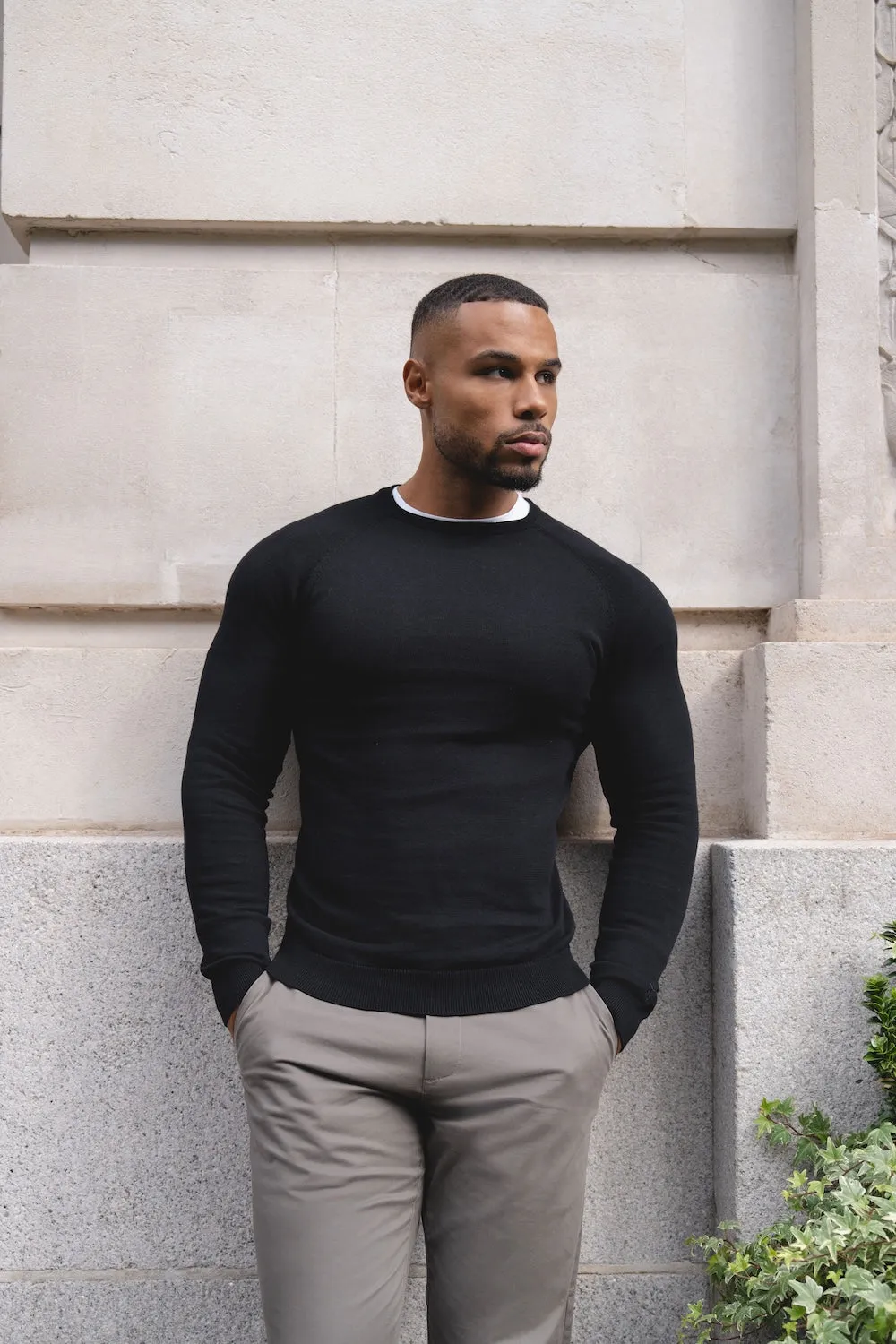 Pure Cotton Knitted Crew Neck Sweater in Black Relaxing Wear FlexSeamTechnology