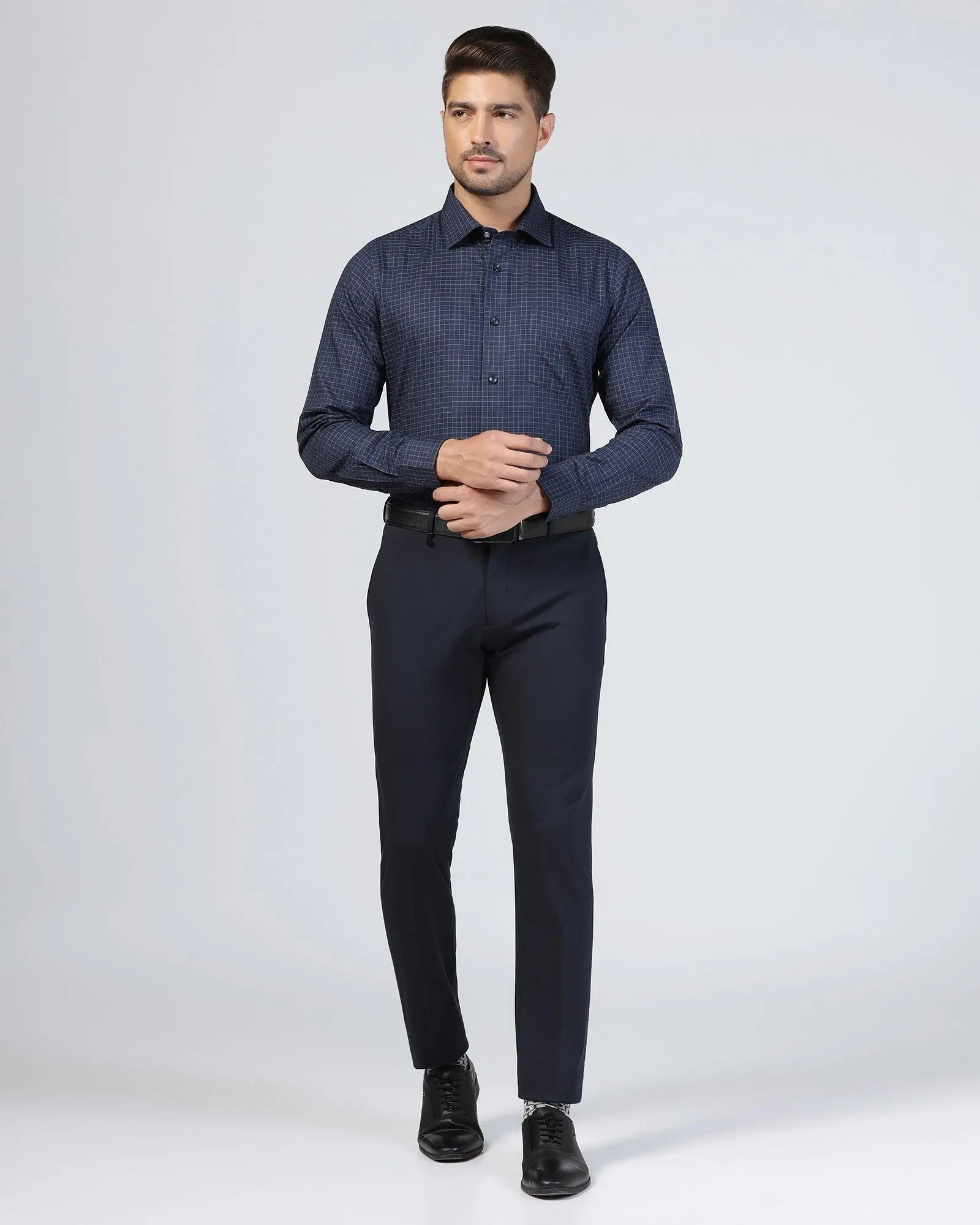 Smooth zipper closure Formal Navy Check Shirt - Watson