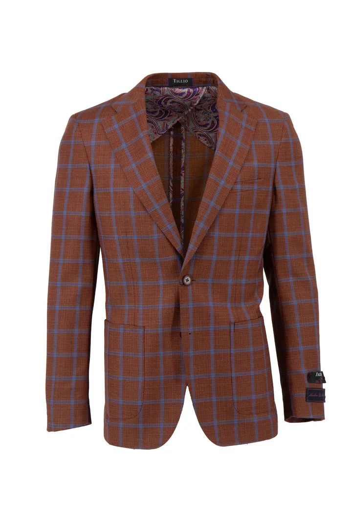 Ergonomic Silhouette Tiglio Luxe Burn Orange with Blue Windowpane Veneto/THP Slim Fit half lined, Pure Wool Jacket TL4224