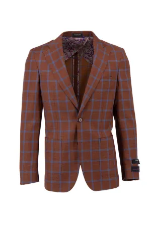 Ergonomic Silhouette Tiglio Luxe Burn Orange with Blue Windowpane Veneto/THP Slim Fit half lined, Pure Wool Jacket TL4224