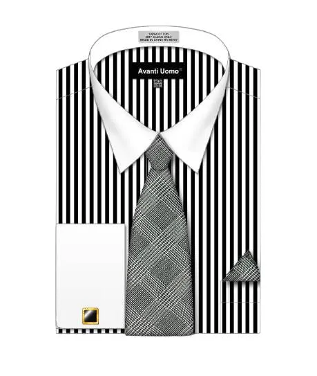 AVANTI UOMO STRIPED PATTERN WHITE COLLAR CUFF SHIRT DN126M BLACK Youthful Style Edgy Design