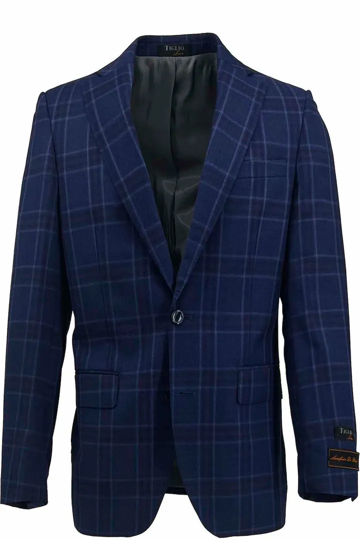 Tiglio Luxe Navy with Red and Blue Windowpane Dolcetto Modern Fit, Pure Wool Jacket TL2641 Modern Street Basic Fit