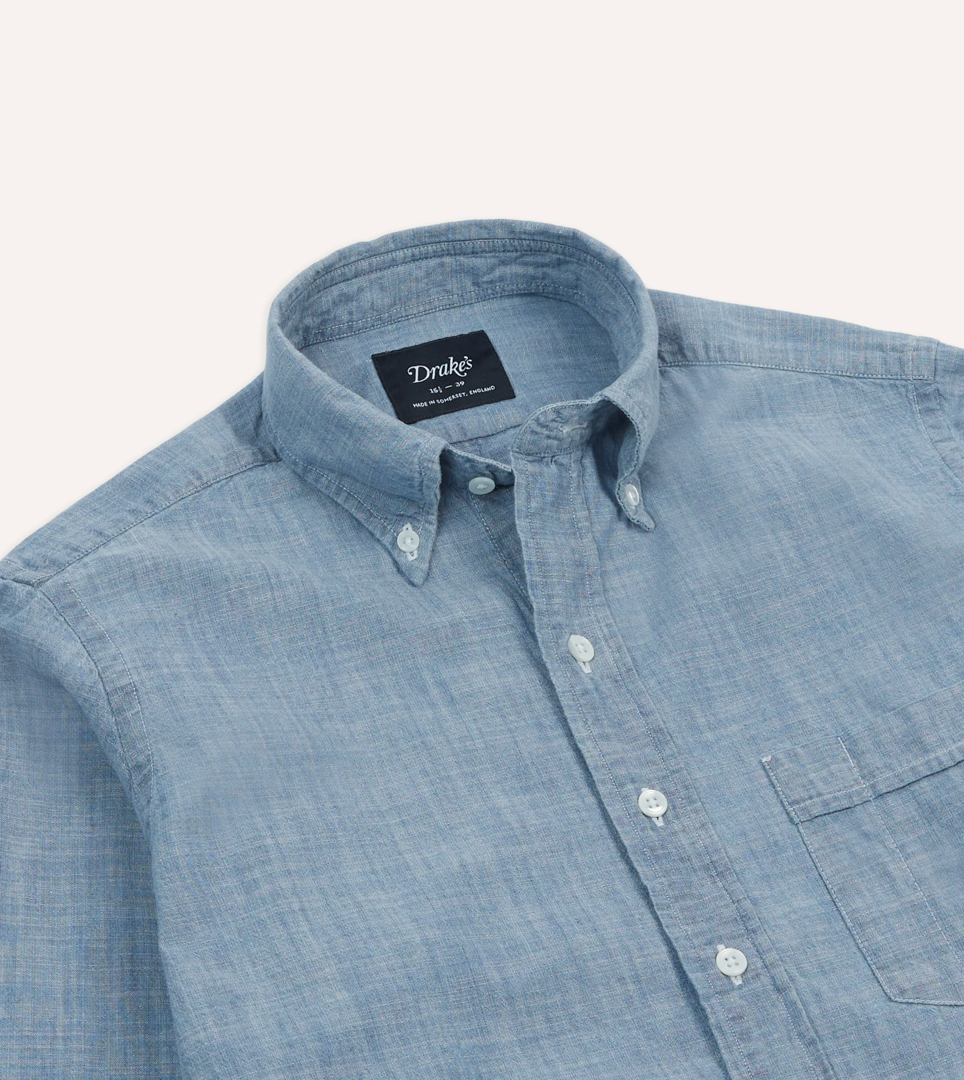 crew neck Light Blue Cotton Chambray Button-Down Shirt