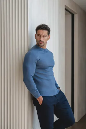 Flexible Apparel WrinkleFree Material Extra Fine Merino Wool Crew Neck Sweater in Airforce Blue