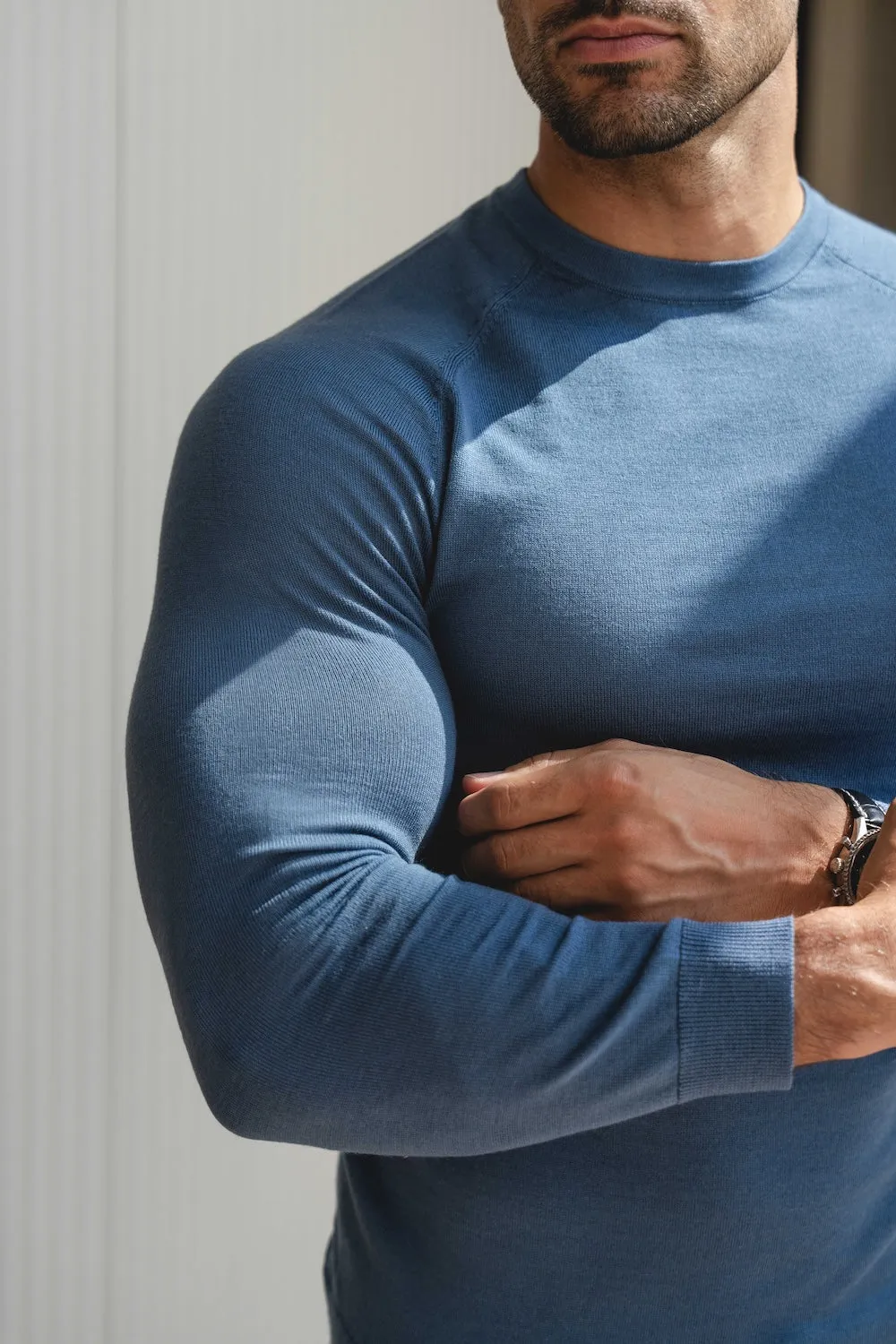 Smart Fit Clean Cut Extra Fine Merino Wool Crew Neck Sweater in Airforce Blue