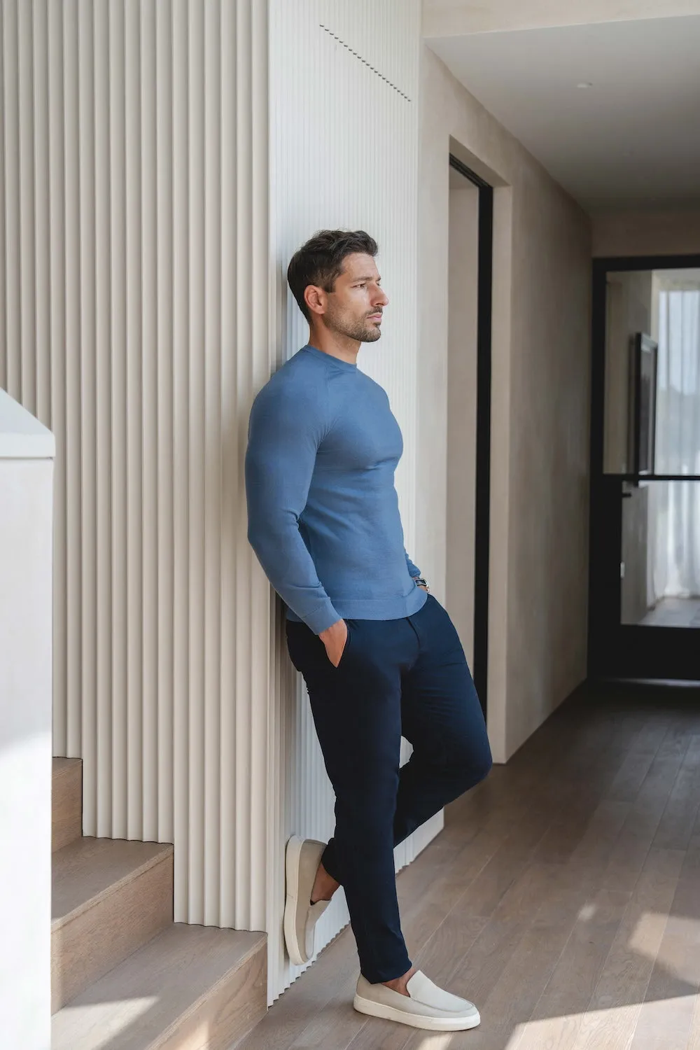 Extra Fine Merino Wool Crew Neck Sweater in Airforce Blue Strong Edge
