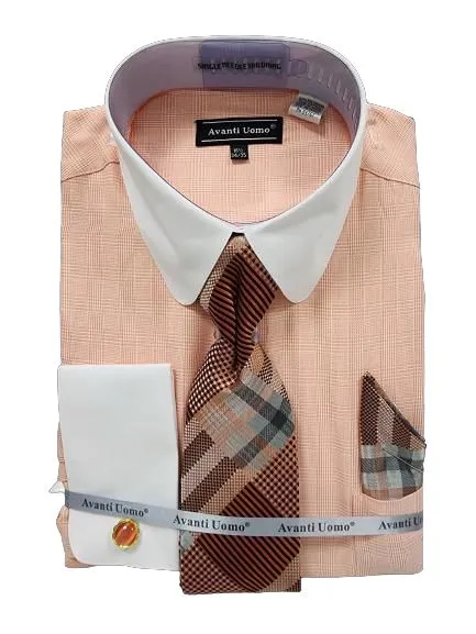 AVANTI UOMO MONOTONE GLEN CHECK ROUND WHITE COLLAR & CUFF DN131M CORAL Low Profile Pocket Design