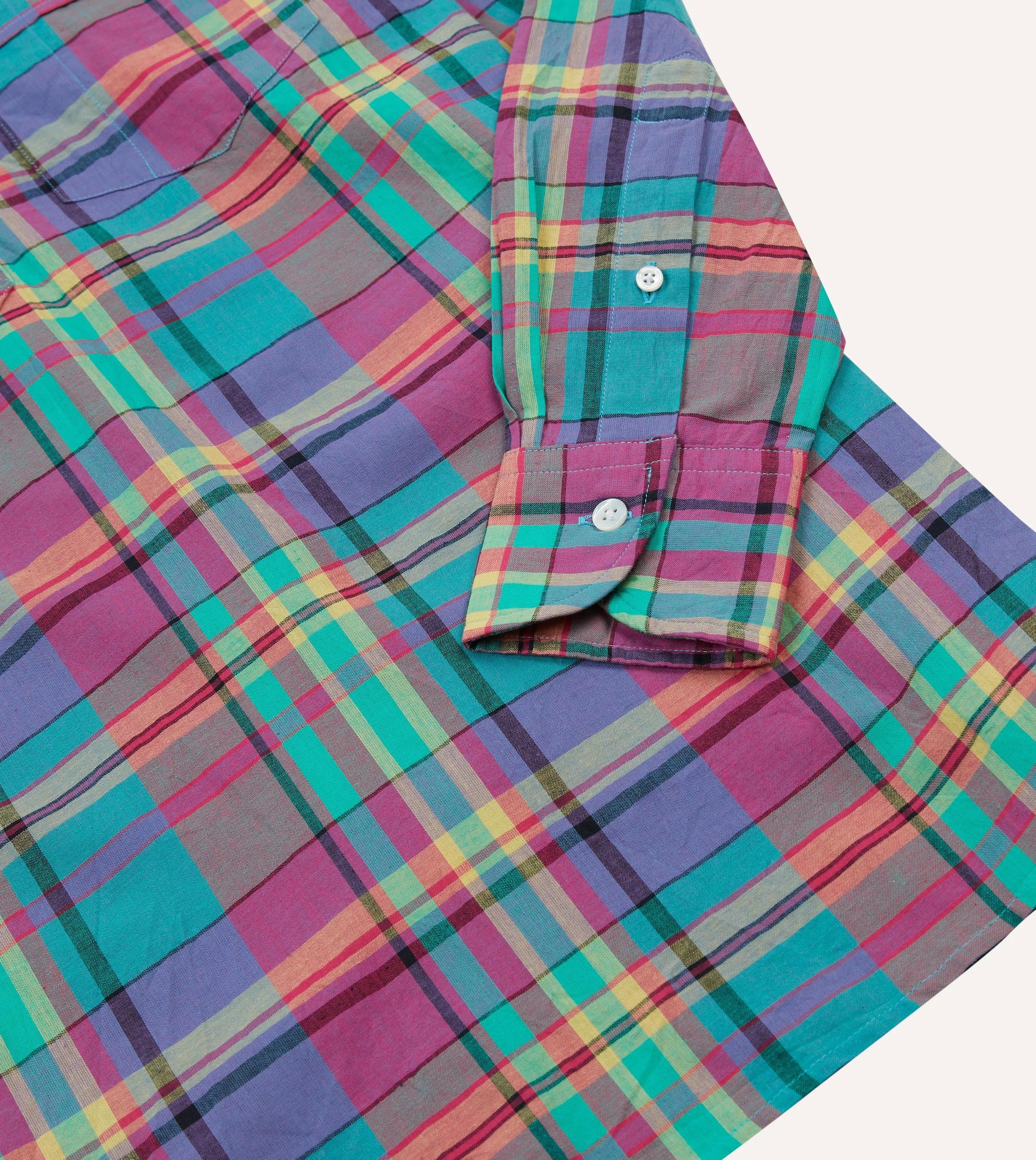 Trendy Look Pink and Blue Madras Check Cotton Button-Down Popover Shirt
