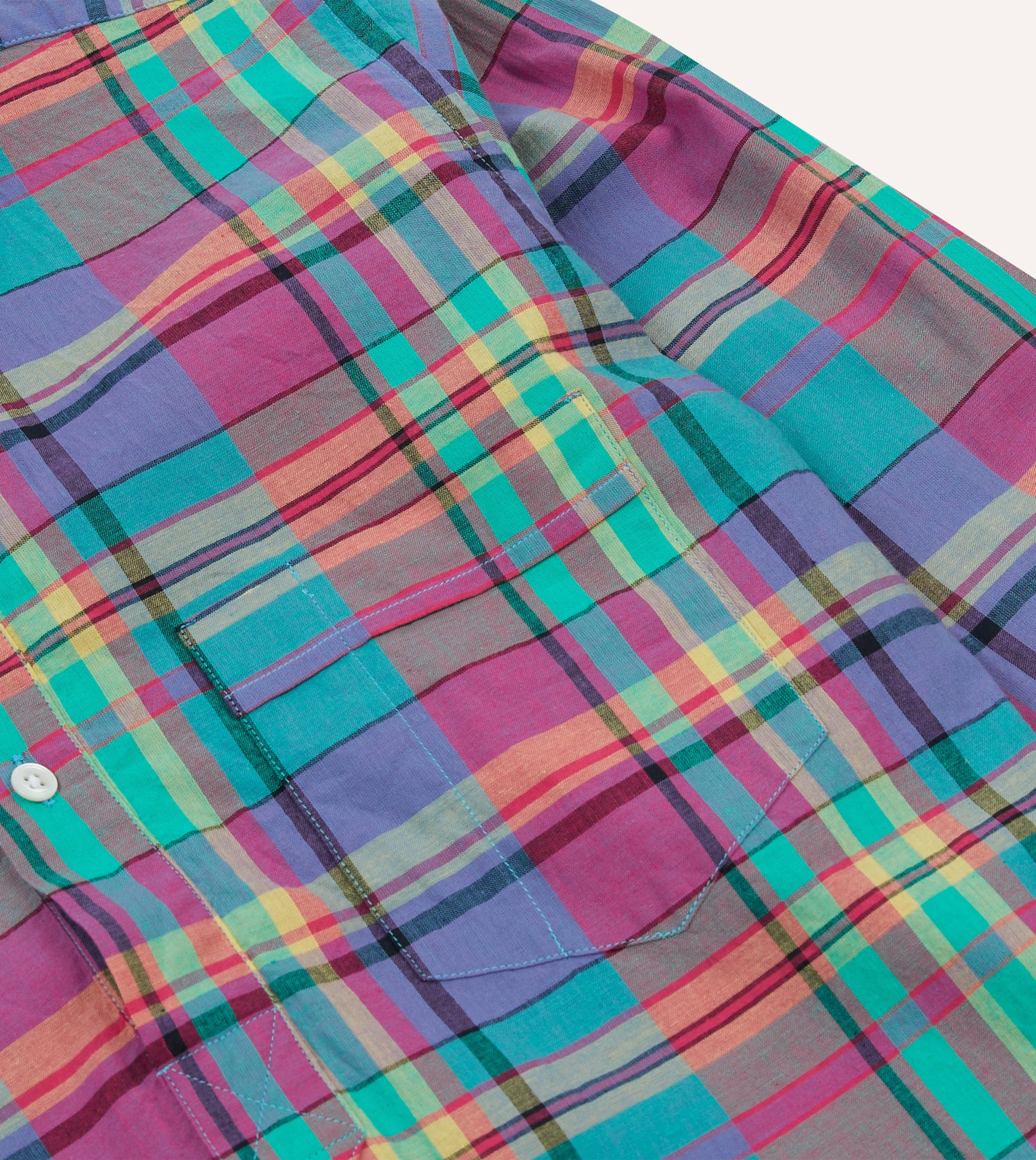 Pink and Blue Madras Check Cotton Button-Down Popover Shirt Brushed Inner Lining Tailored Fit