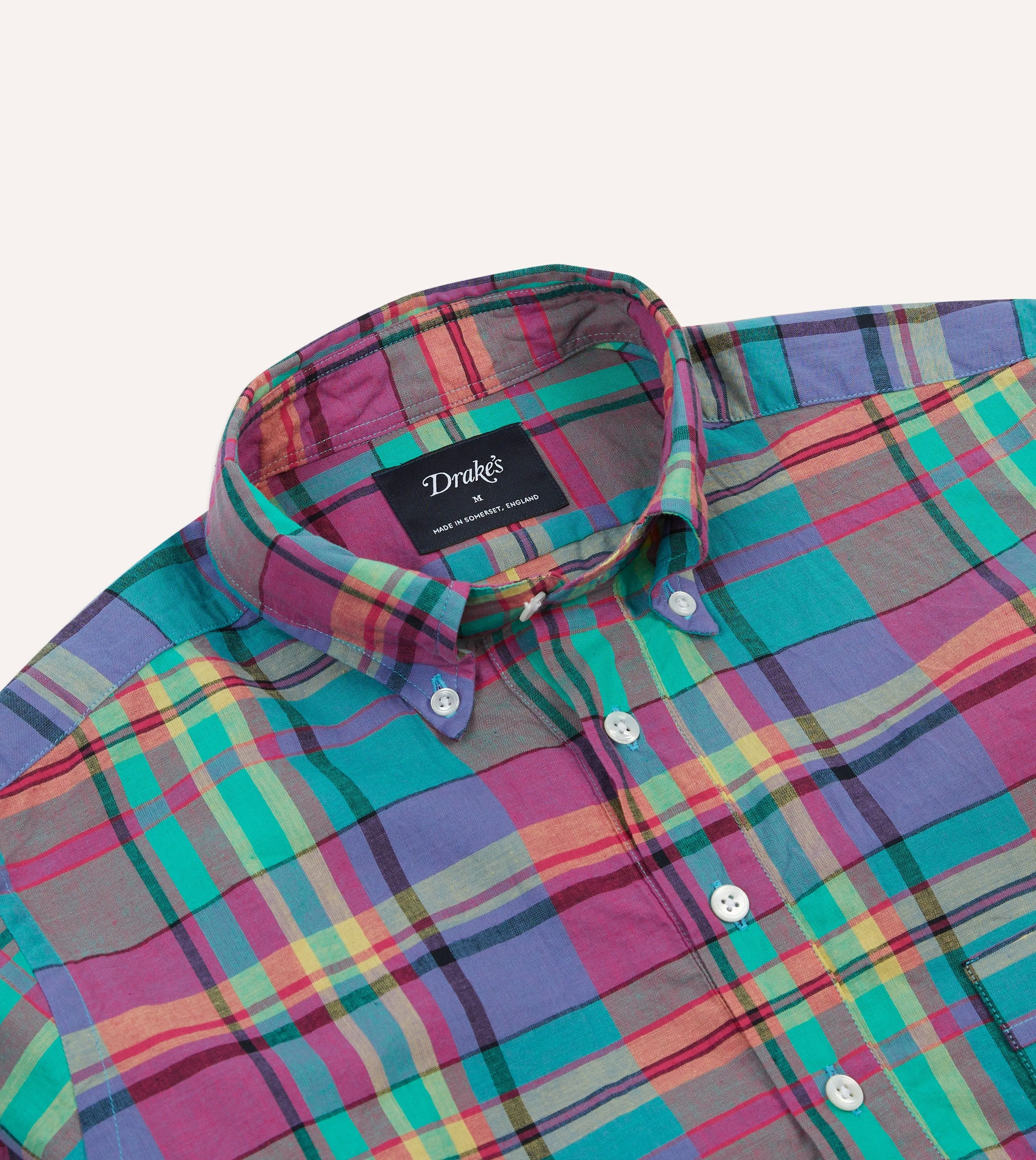 Pink and Blue Madras Check Cotton Button-Down Popover Shirt Stylish Appearance Breathable Lining