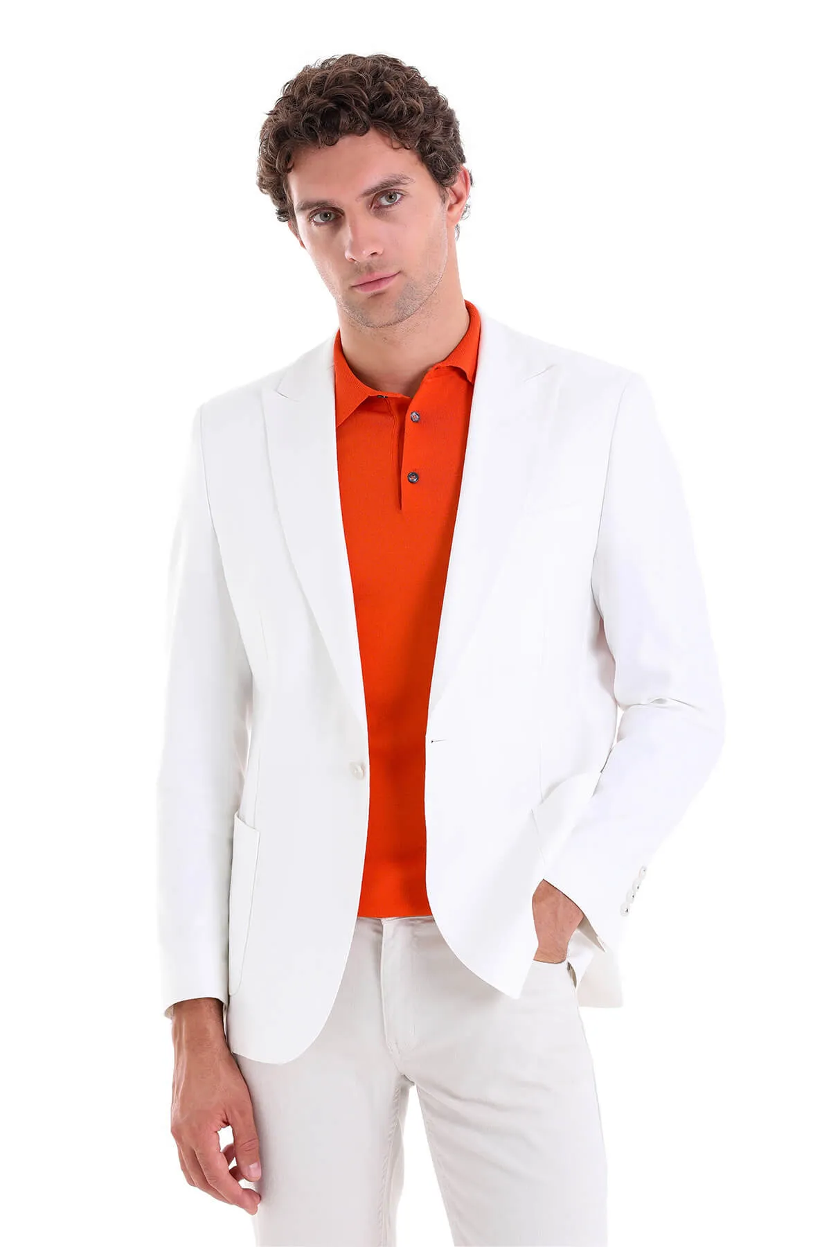 Seamless Knit Cuffs Comfort Fit Notch Lapel White Linen Casual Blazer