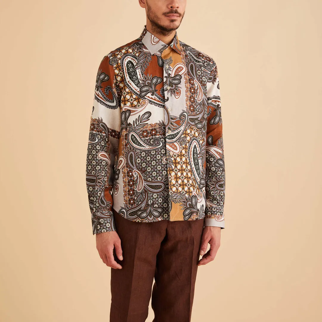 Timeless Look Inserch LS Mediterranean Paisley Print Linen Shirt LS2919-00064 Mocha