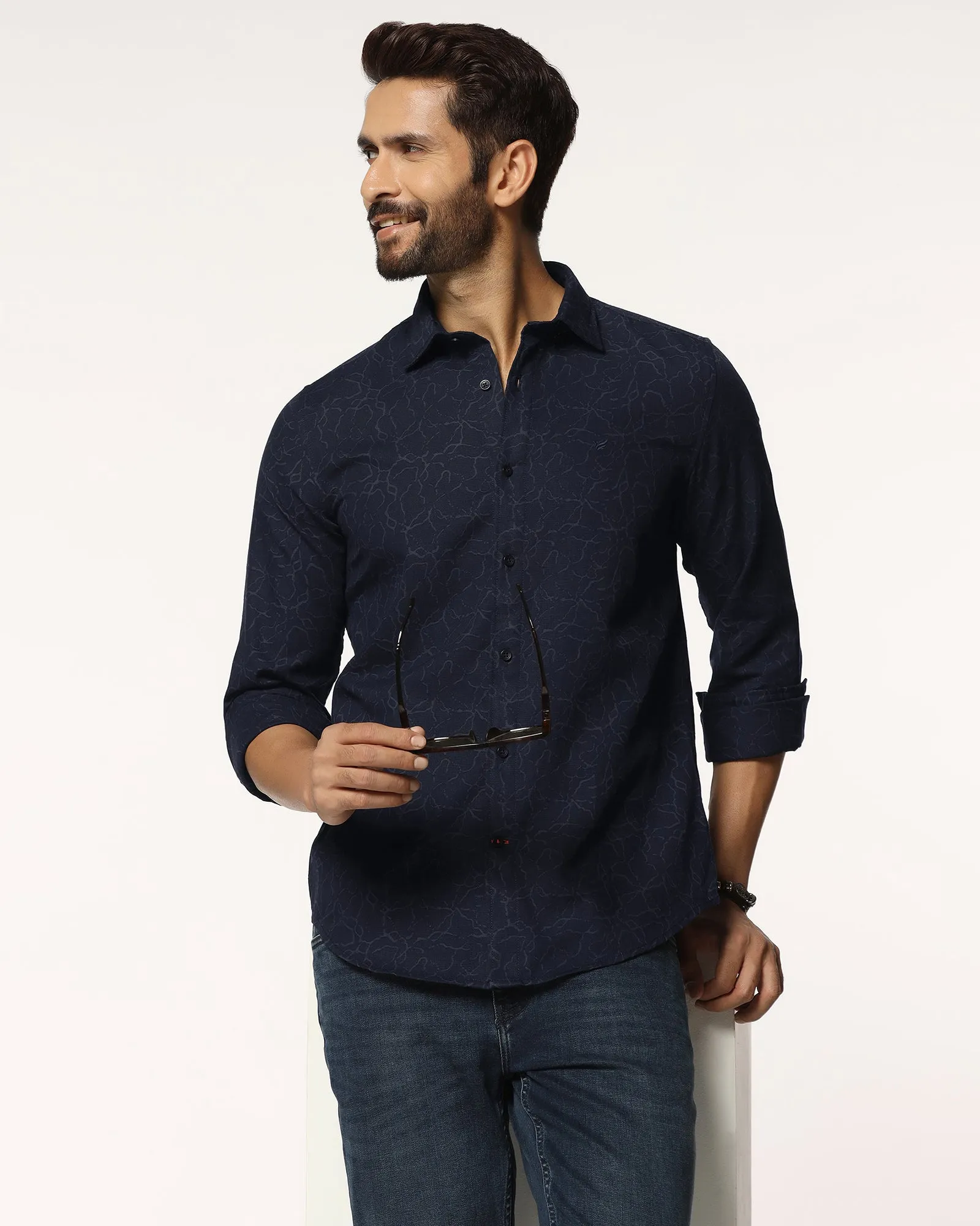 Casual Blue Printed Shirt - Mercer Midweight Textile