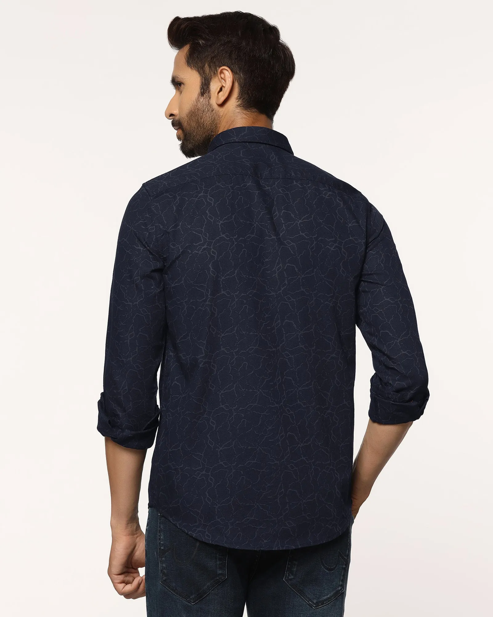 Lace Accent Moisture Management Tech Casual Blue Printed Shirt - Mercer