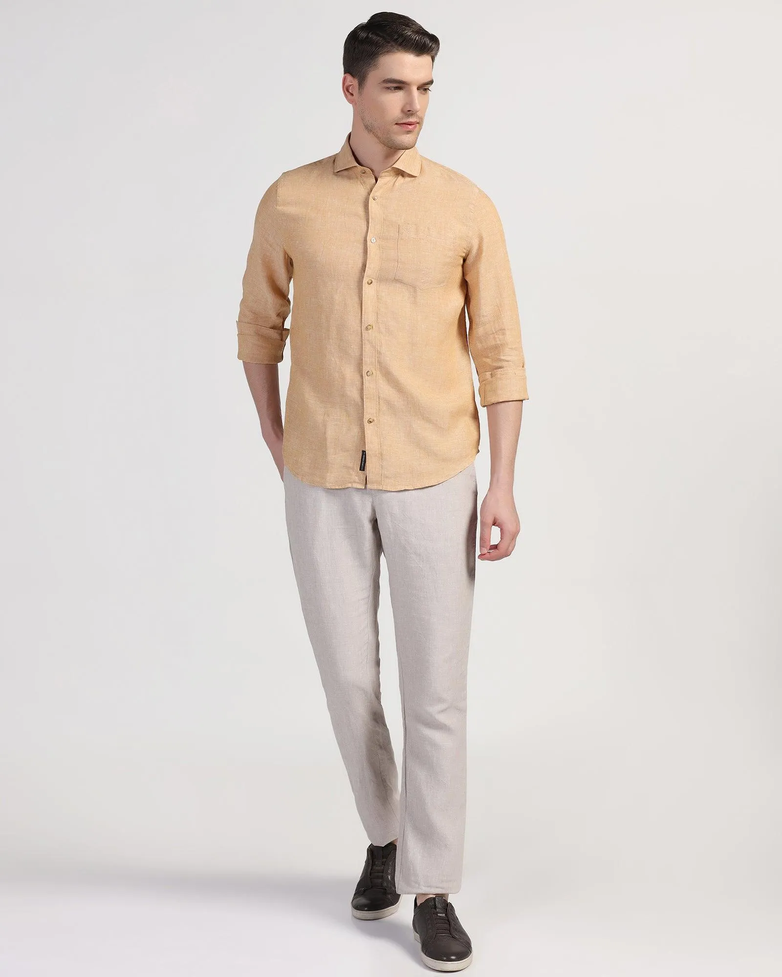 Linen Casual Beige Solid Shirt - Stefan Breathable back panel