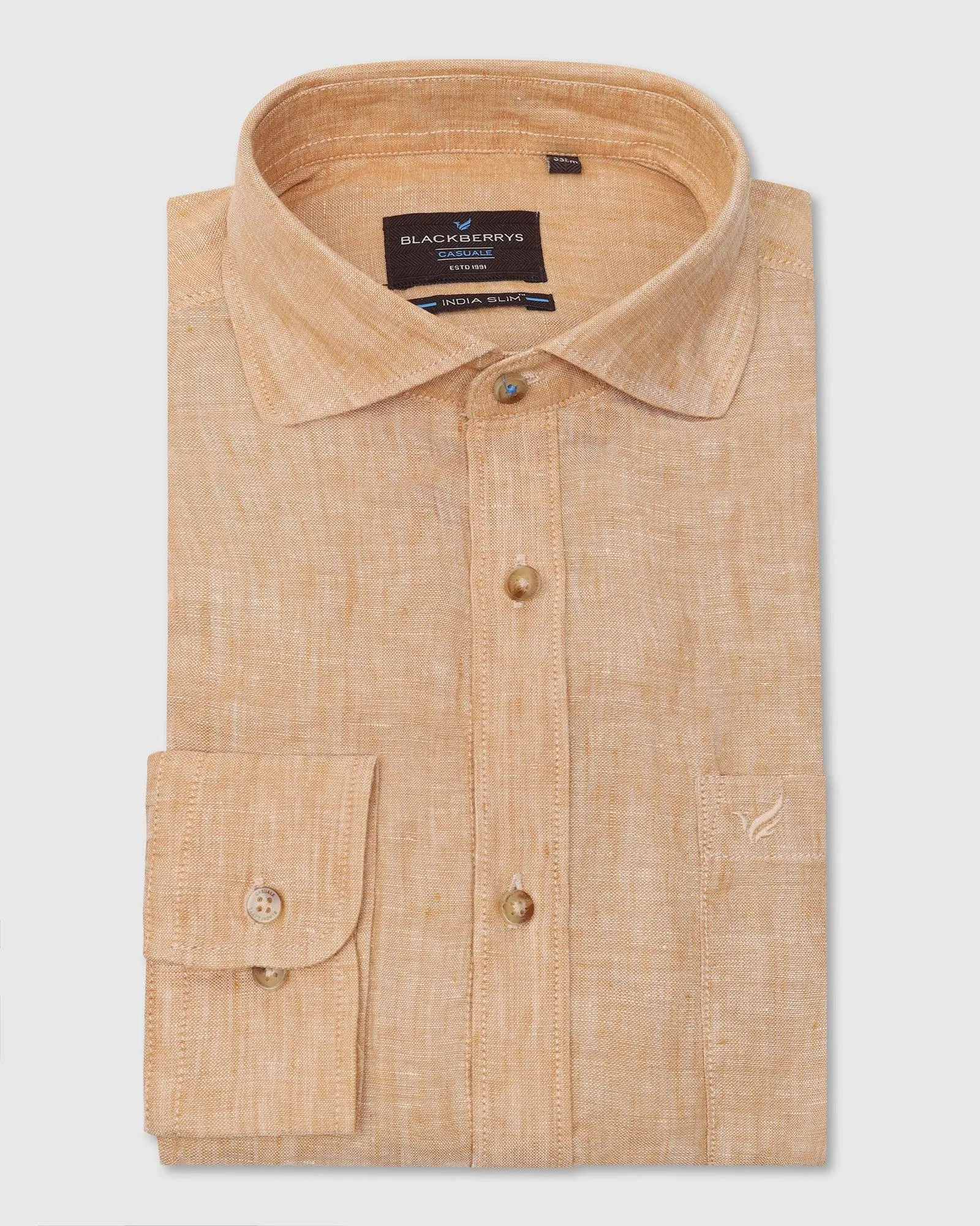 Linen Casual Beige Solid Shirt - Stefan Flexible Shoulder Construction