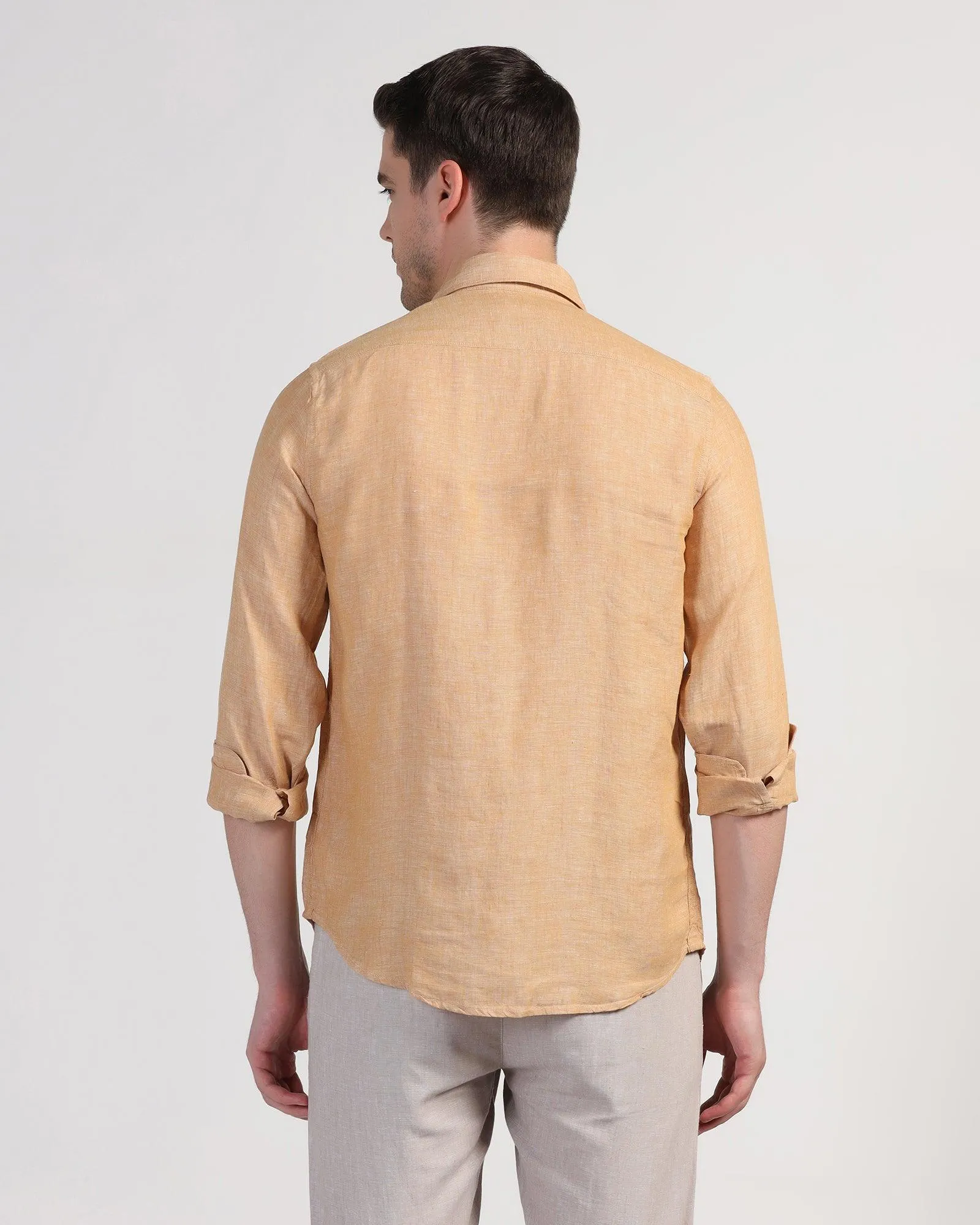 Linen Casual Beige Solid Shirt - Stefan Split hem Holiday Outfit