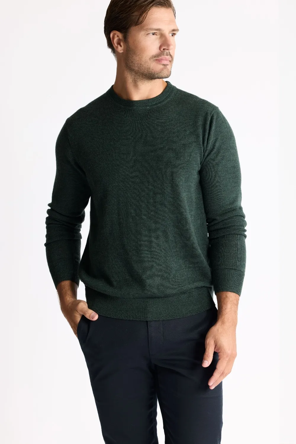 slim fit DoubleLayered Fabric Merino Crew Neck - Forest
