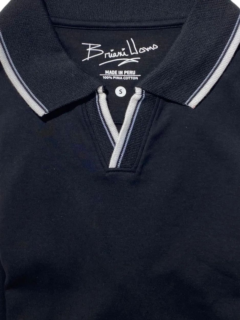 Briani Uomo Solid Black V-Collar 100% Pima Cotton Short Sleeve Polo Casual Shirt Stylish Wear Dimensional Stability Weave