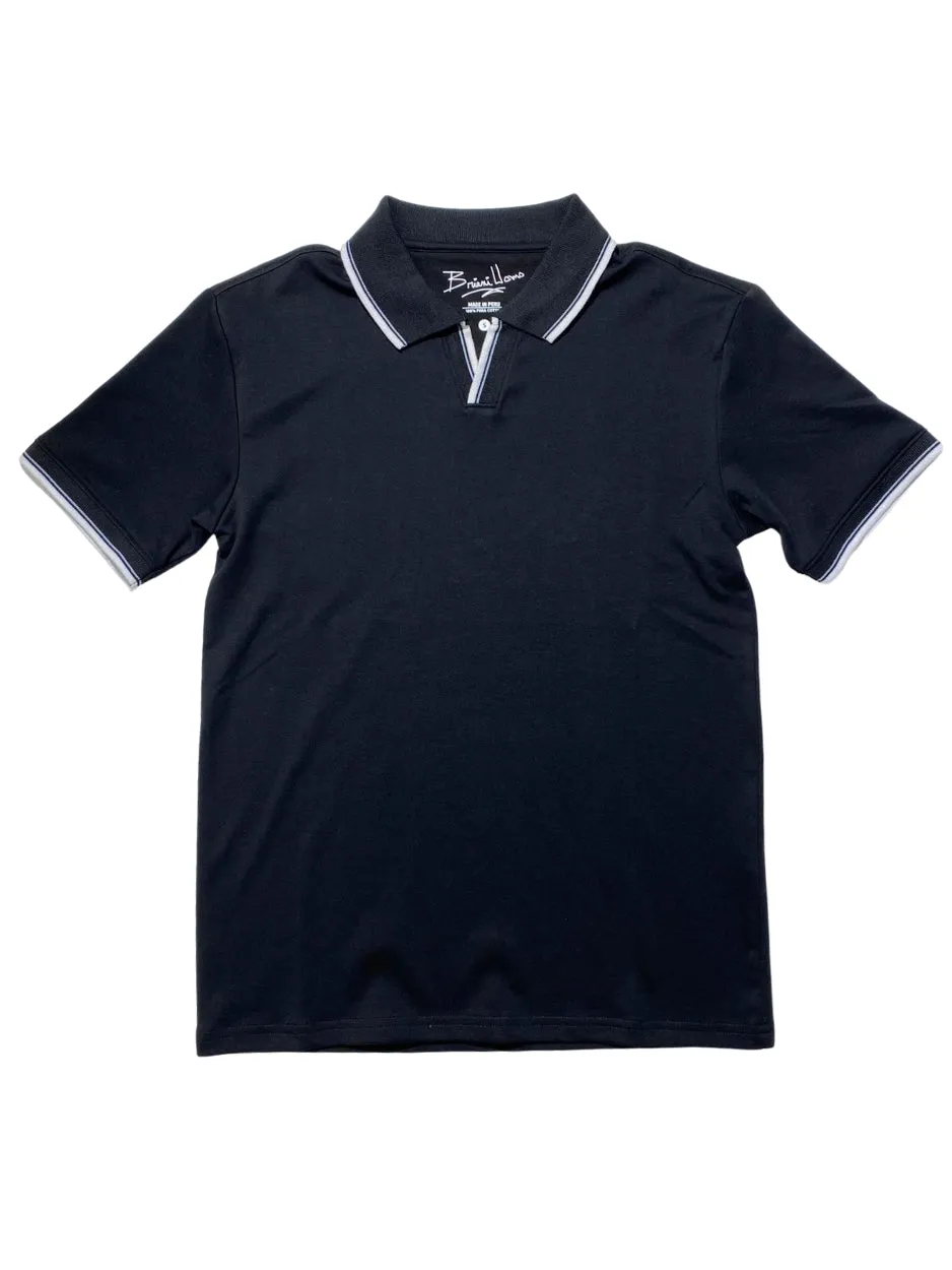 Golf Ready Functional Comfort Briani Uomo Solid Black V-Collar 100% Pima Cotton Short Sleeve Polo Casual Shirt