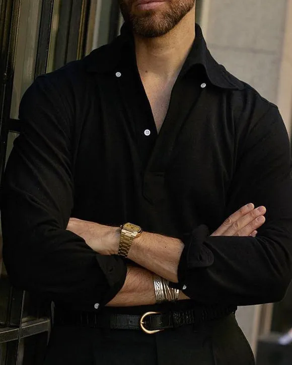 Layered Collar Structure Stretch Fabric Construction Black Pique Polo T-Shirt