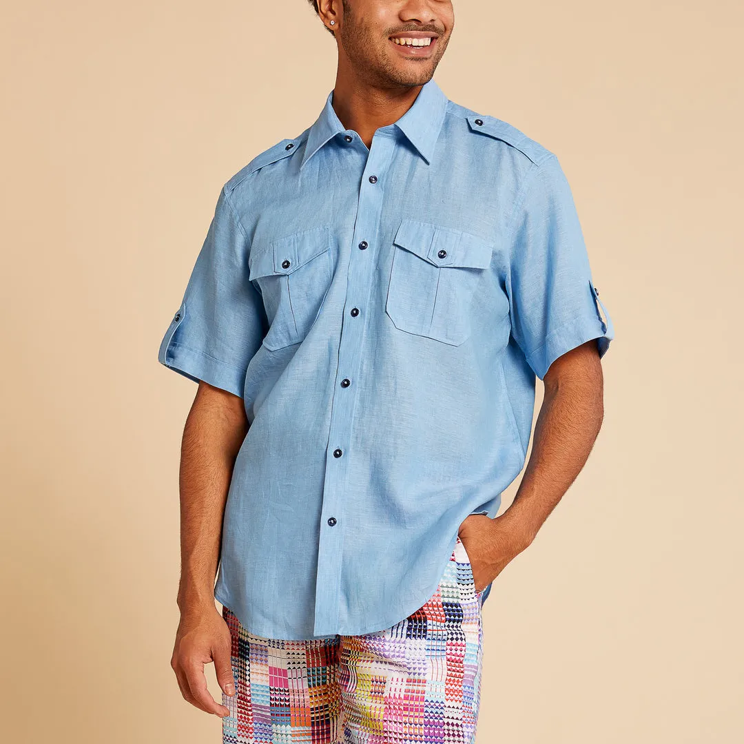 Inserch SS Linen Military Shirt SS718-00154 Lake Blue Street Icon AdjustableStraps