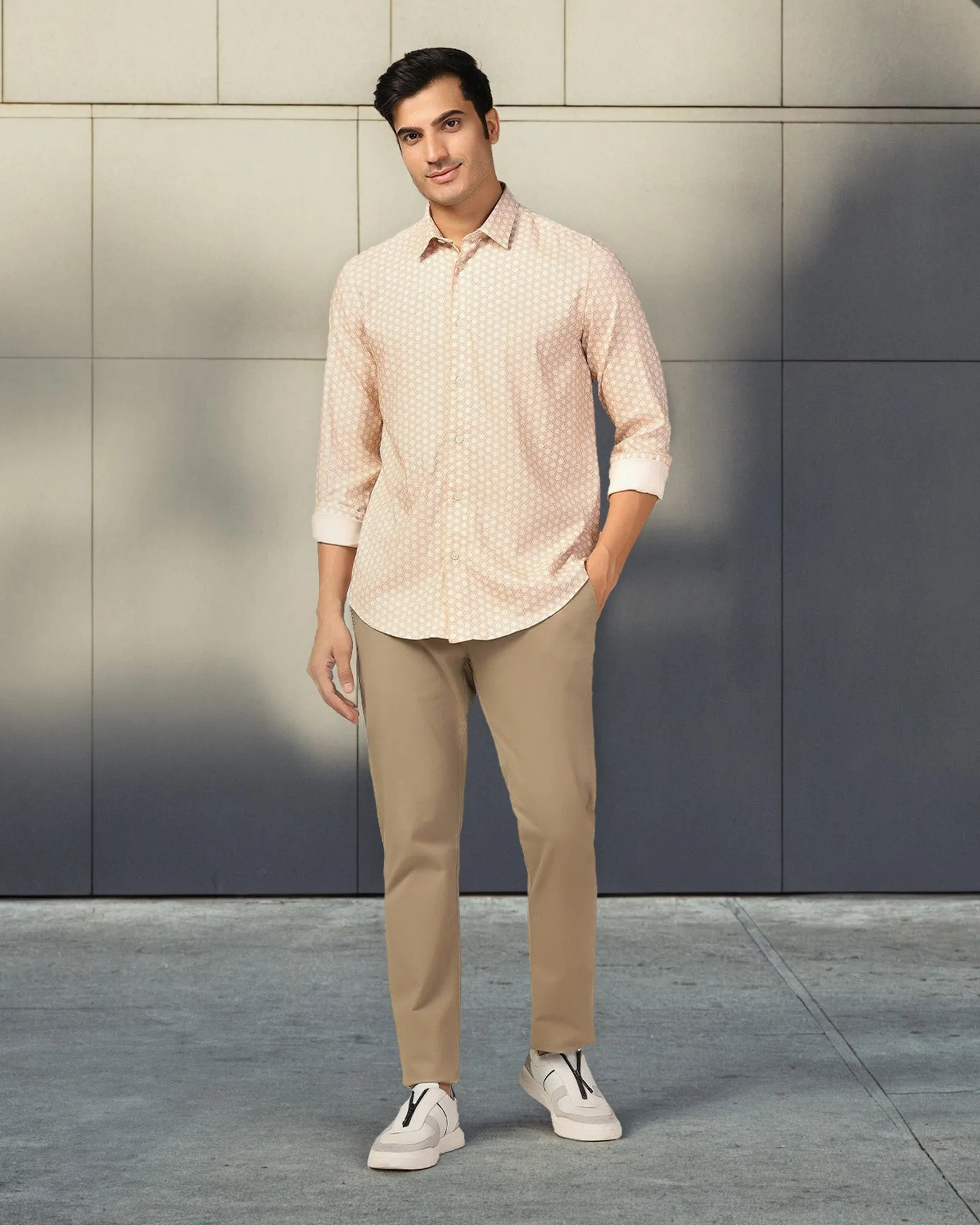 Casual Beige Printed Shirt - Maken Hidden Placket Wrinkle-Resistant