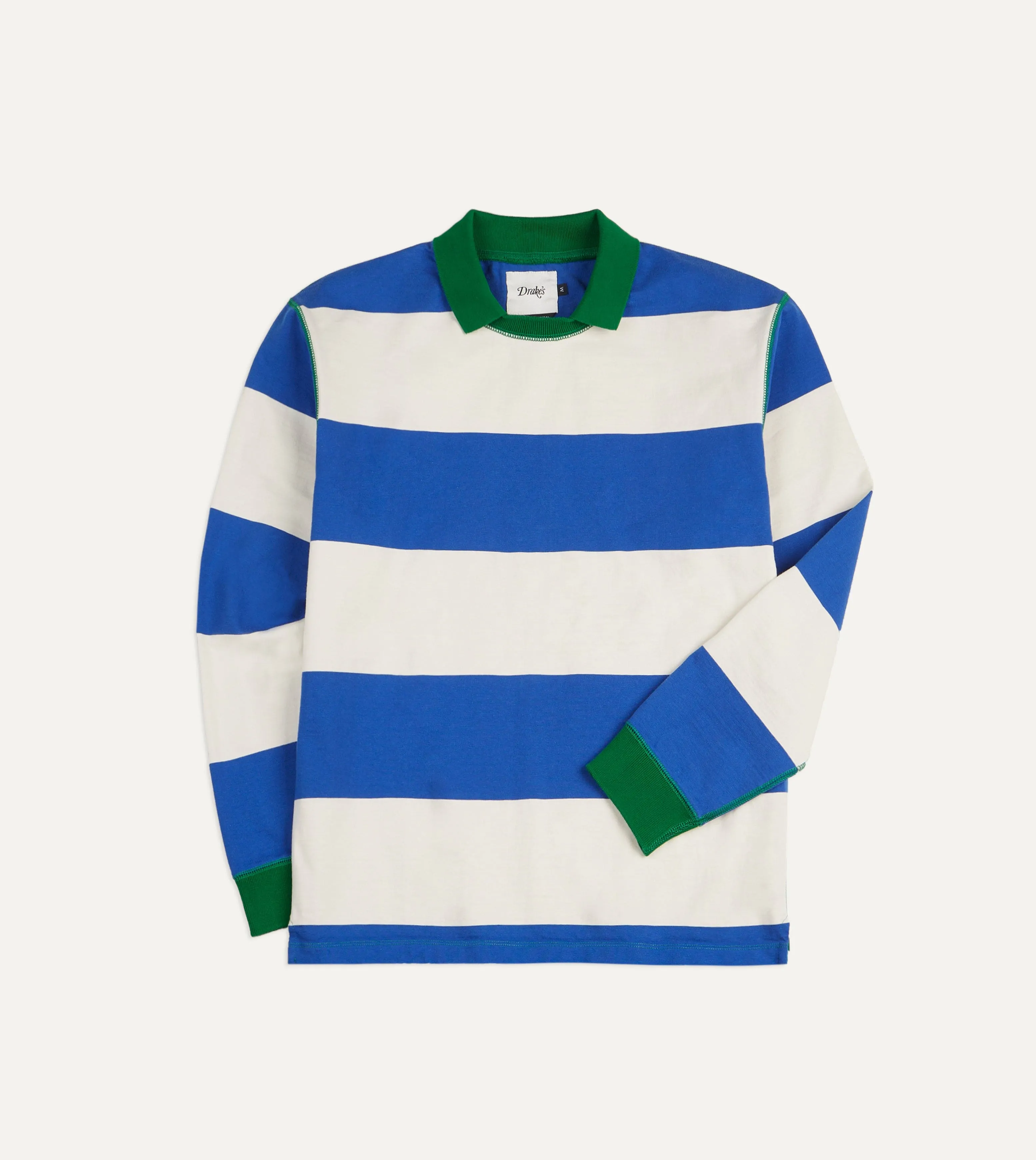Blue and White Wide Stripe Mock Collar Long-Sleeve Jersey Recycled Polyester Layering Fashion