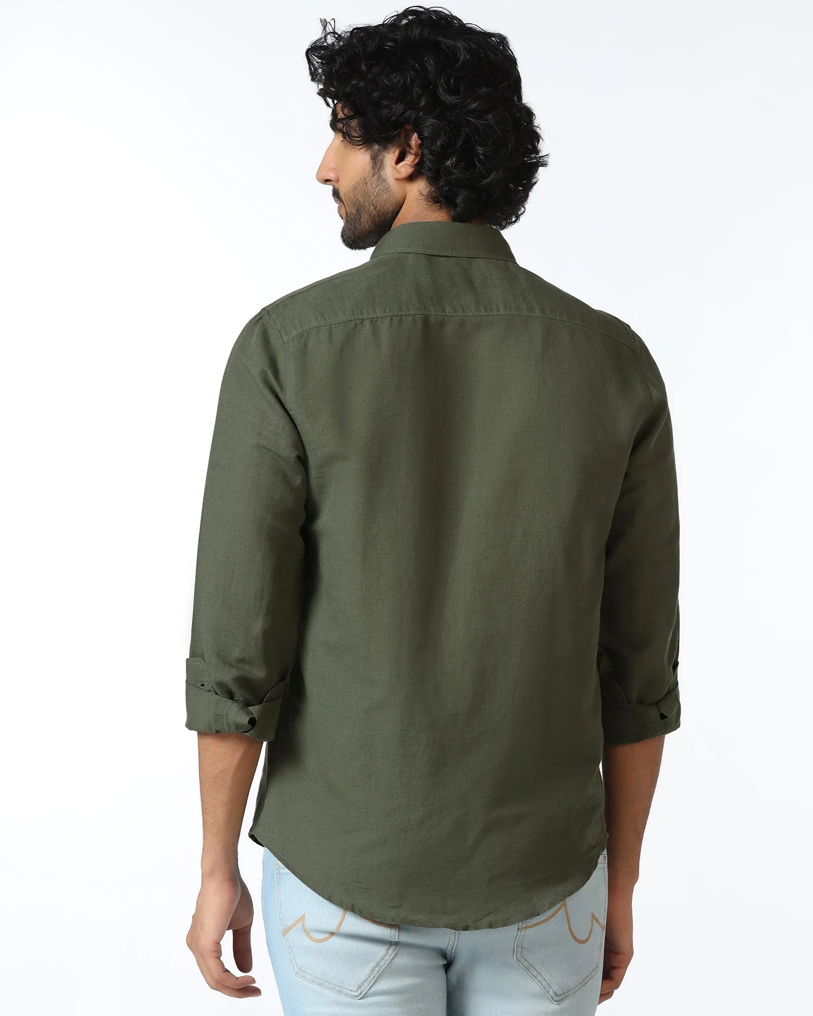 Artistic Design Year-Round Favorite Olive Linen Solid Shirt - Salmon