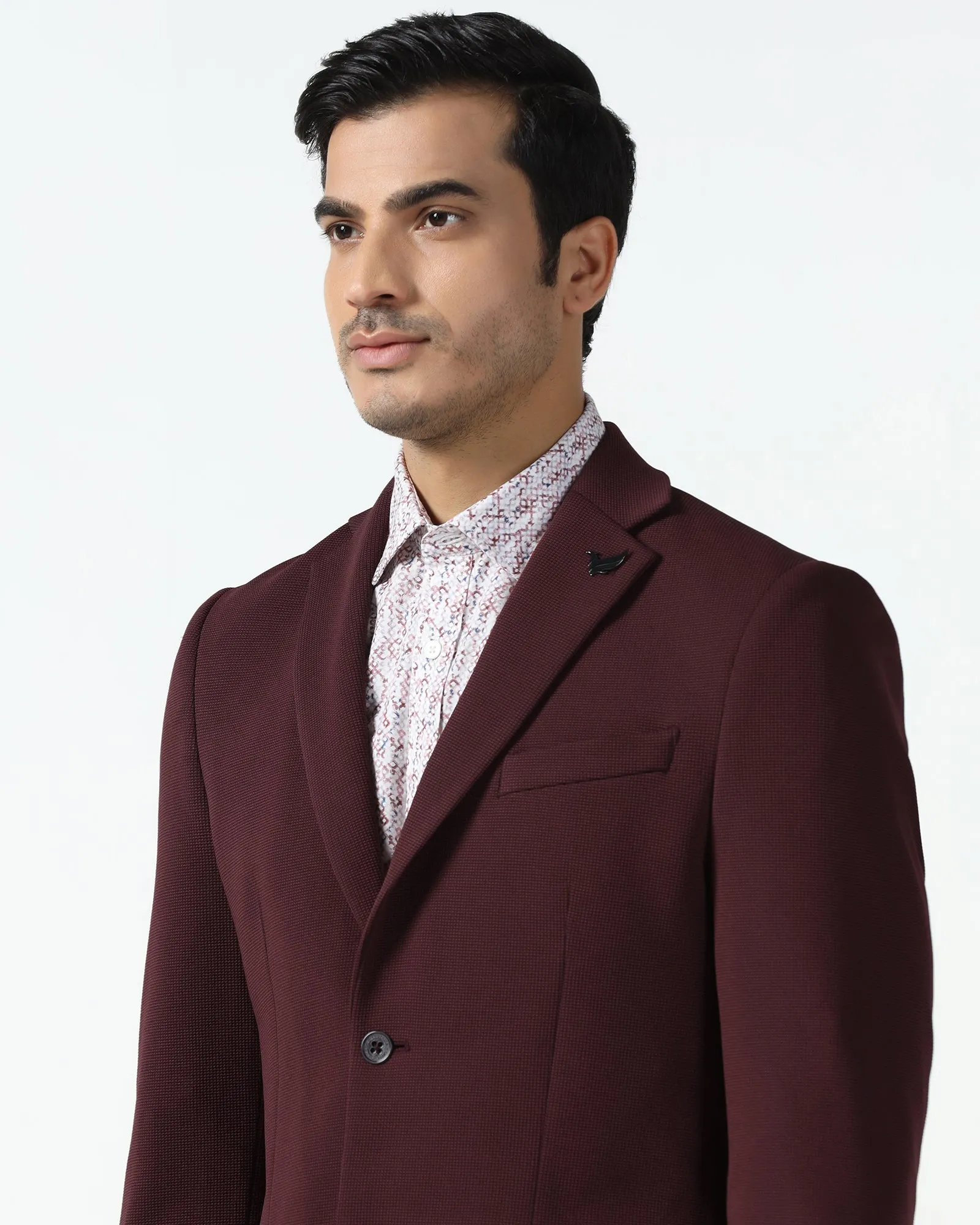Formal Maroon Textured Blazer - Rismo Hollow Fiber Fill Casual Trend