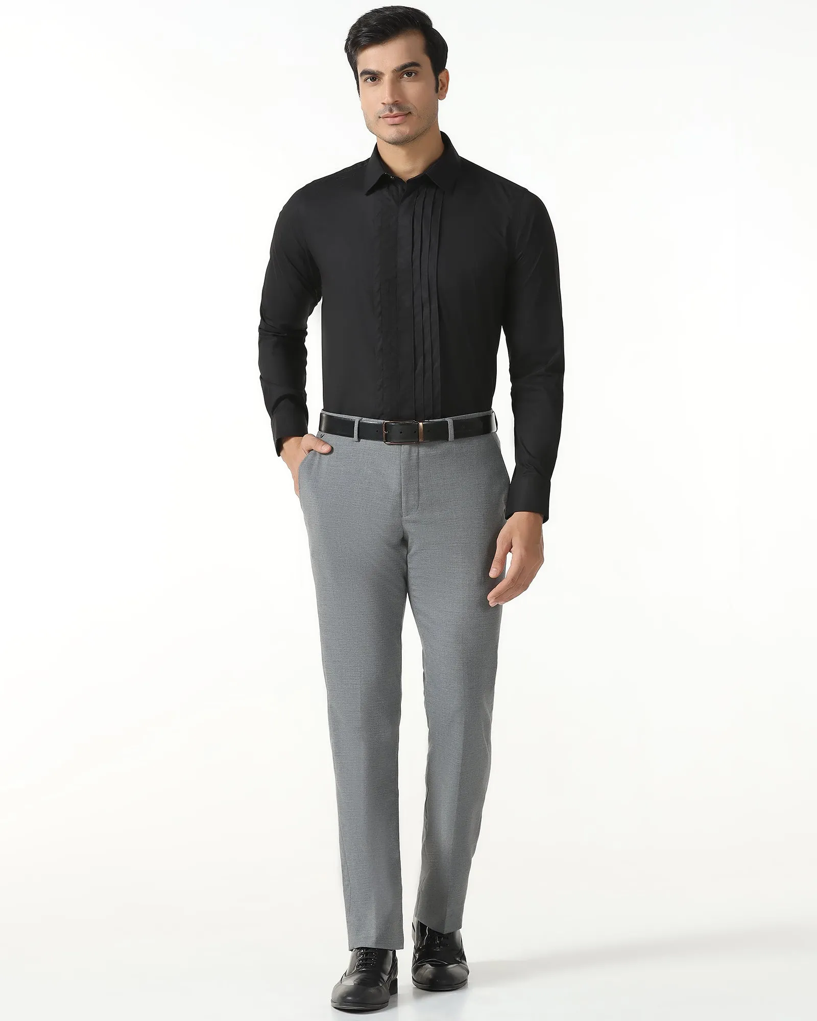 Trendy Fashion Ventilated Back Formal Black Textured Shirt - Rock