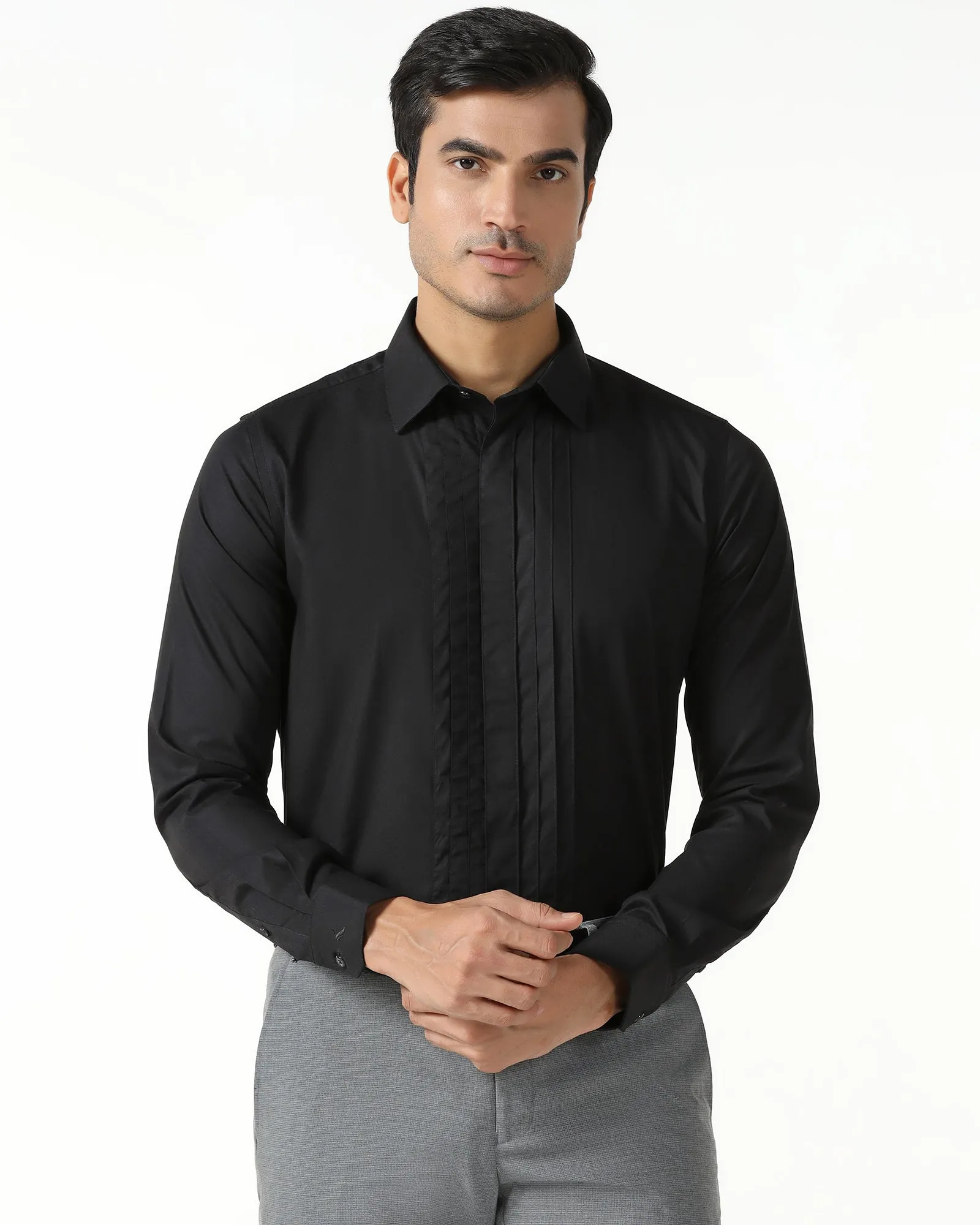 Fitted Shape Formal Black Textured Shirt - Rock
