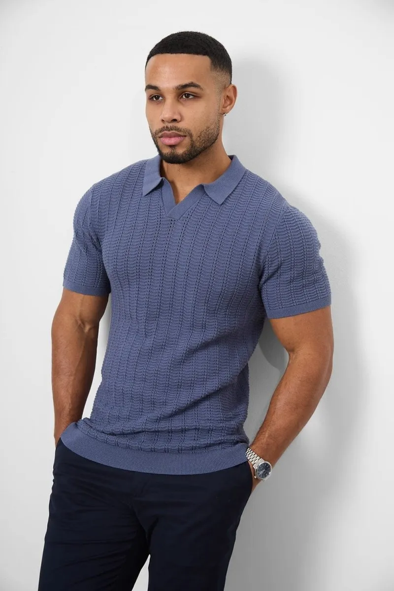Cotton Textured Open Collar Knitted Polo Shirt in Slate Blue Soft Fabric