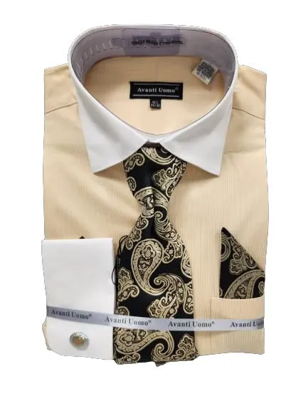 AVANTI UOMO MICRO STRIPE W/ WHITE COLLAR & CUFF DN129M BUTTER Anti Static Lining