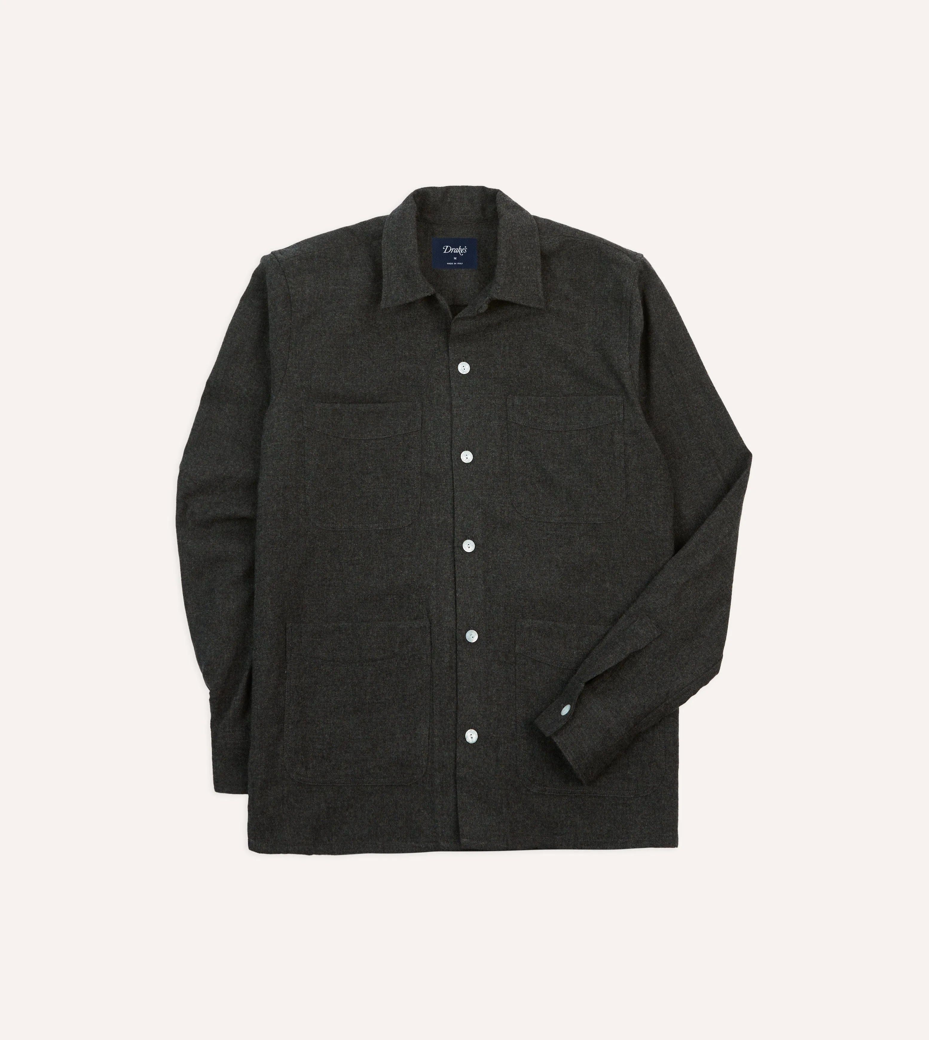 Grey Wool Four-Pocket Camp Collar Work Shirt Hidden Placket