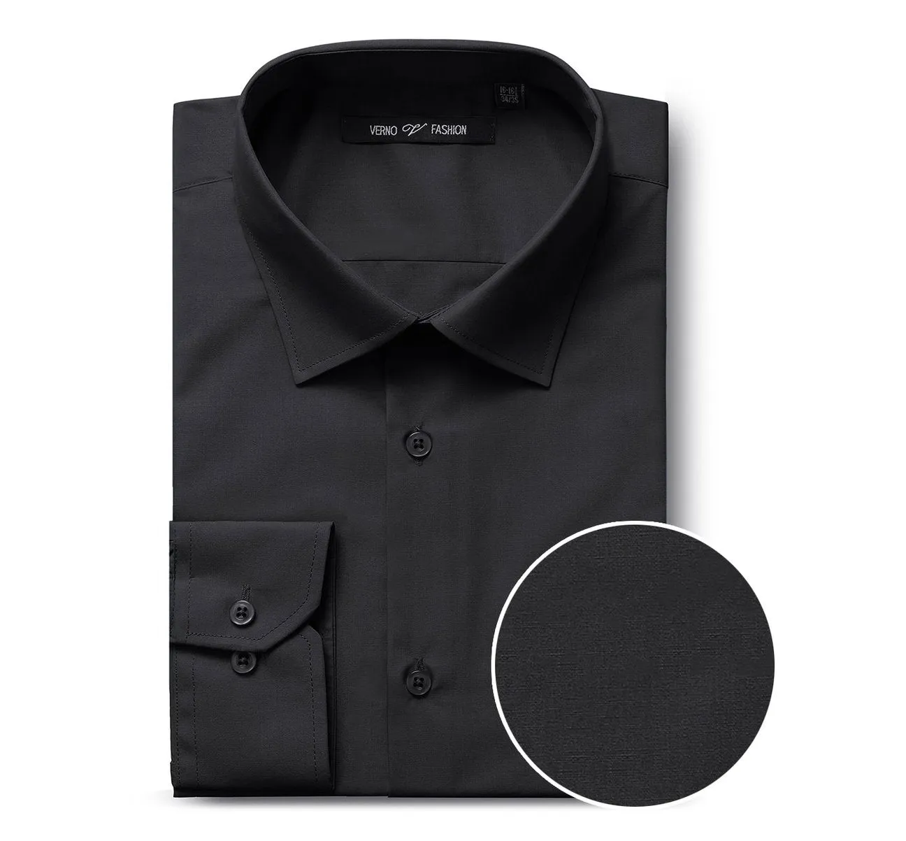 VERNO Black Classic/Regular Fit Long Sleeve Spread Collar Dress Shirt TC22 Indoor Comfort Tailored Silhouette