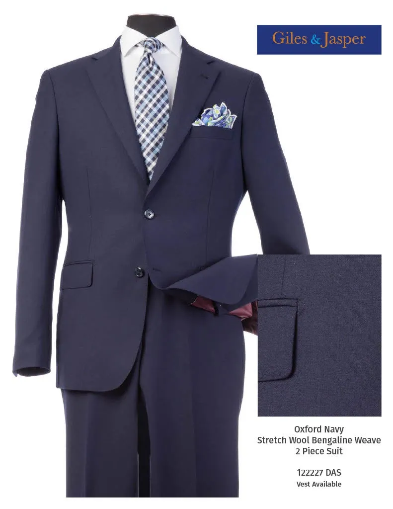 Giles & Jasper Suit W/Optional Vest Super 100's wool with Stretch in Navy Collar Stabilization System
