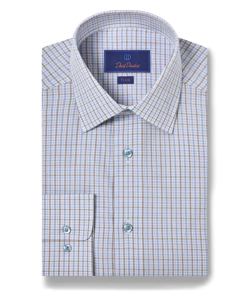 David Donahue Trim Fit Poplin Check Dress Shirt in Blue/Dune Plaid Design Boho chic