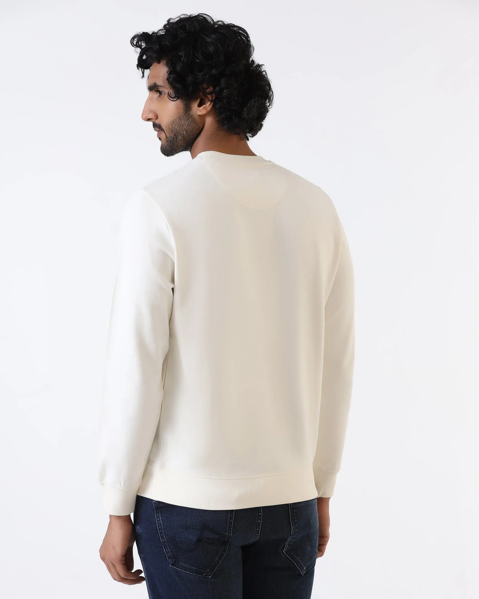 Comfy Wear Soft Core Off White Crew Neck Solid Sweatshirt - Bling