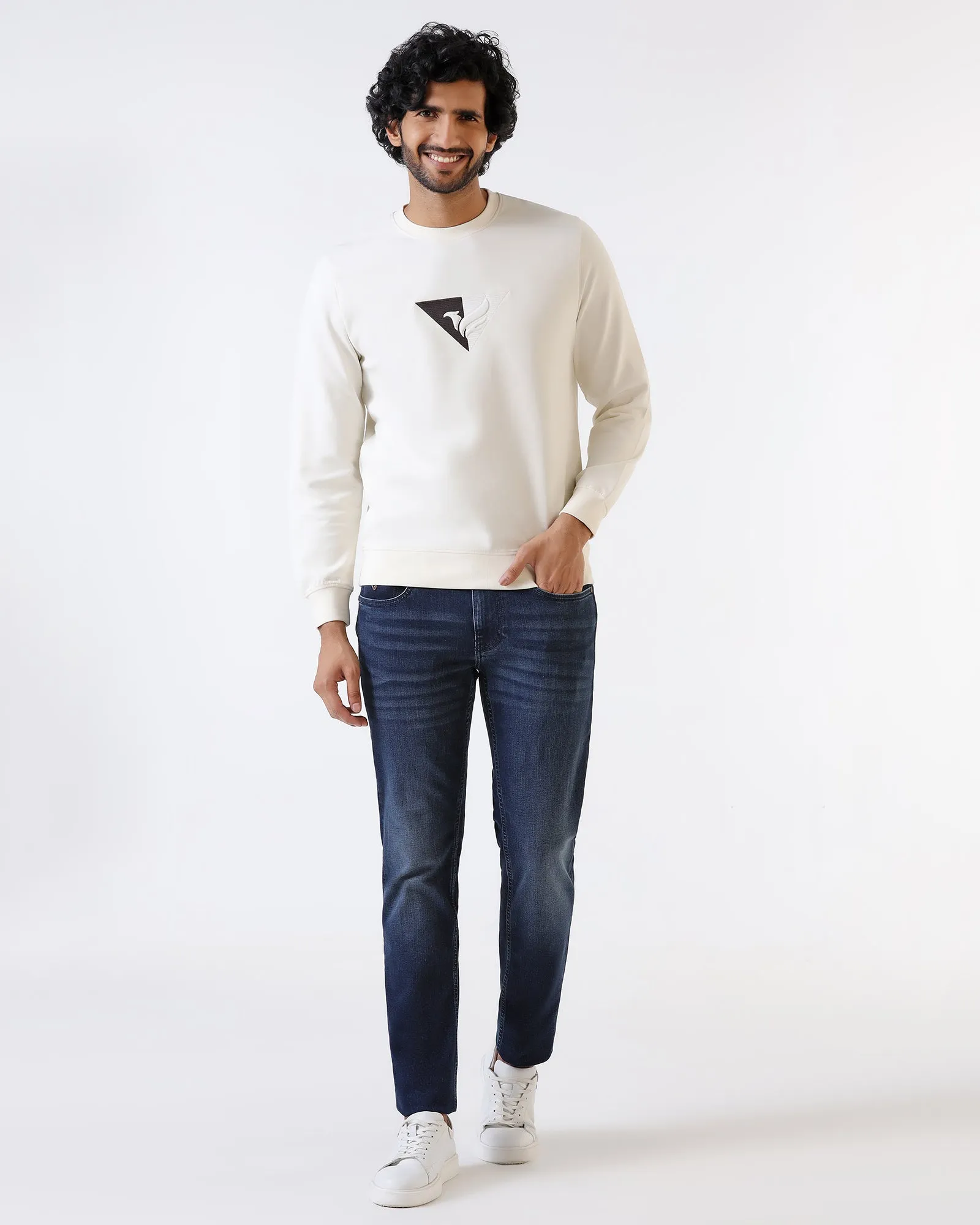 Off White Crew Neck Solid Sweatshirt - Bling Stretch Fit Sporty Shorts