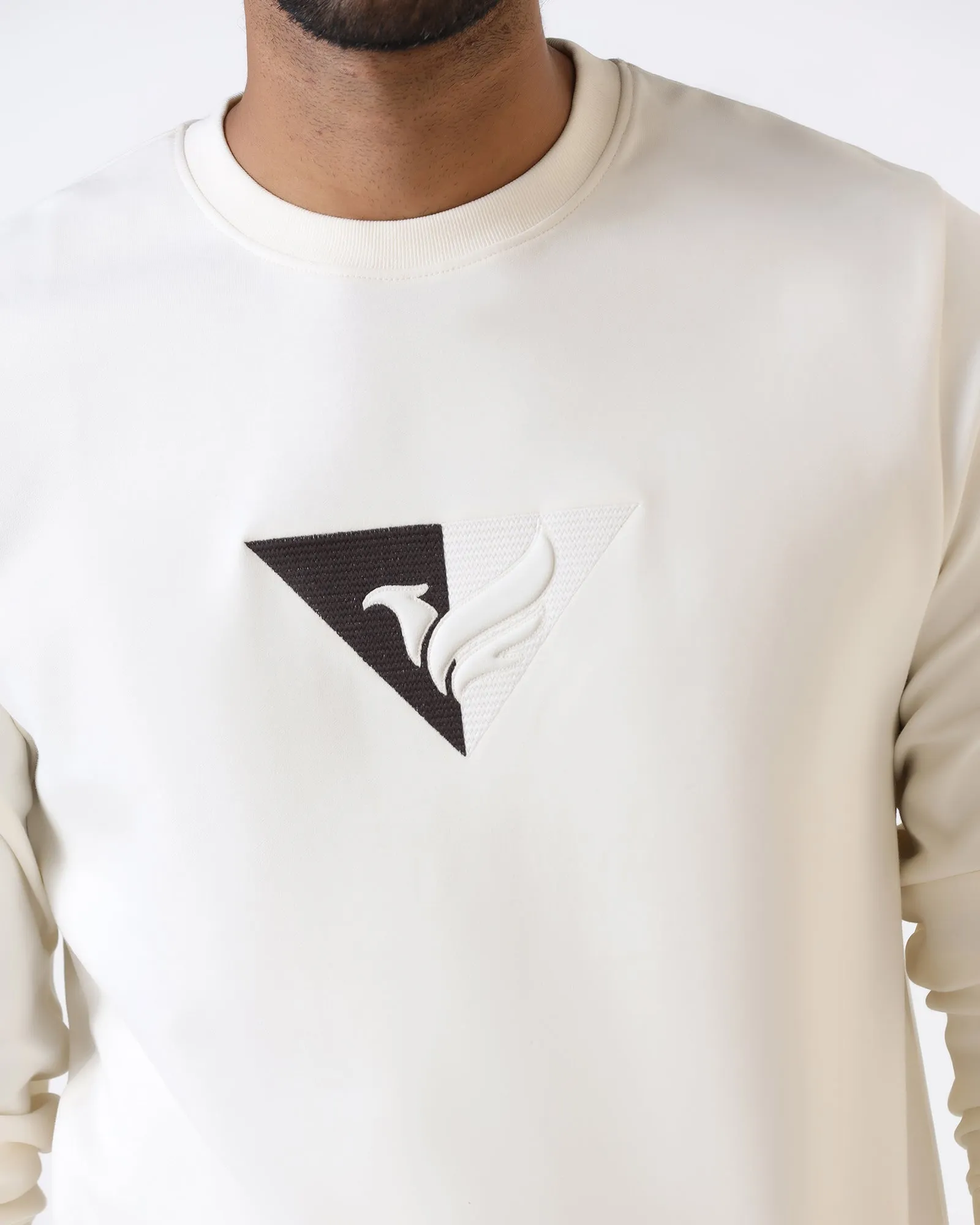 Off White Crew Neck Solid Sweatshirt - Bling AntiBacterialTreatment WrinkleFreeTexture