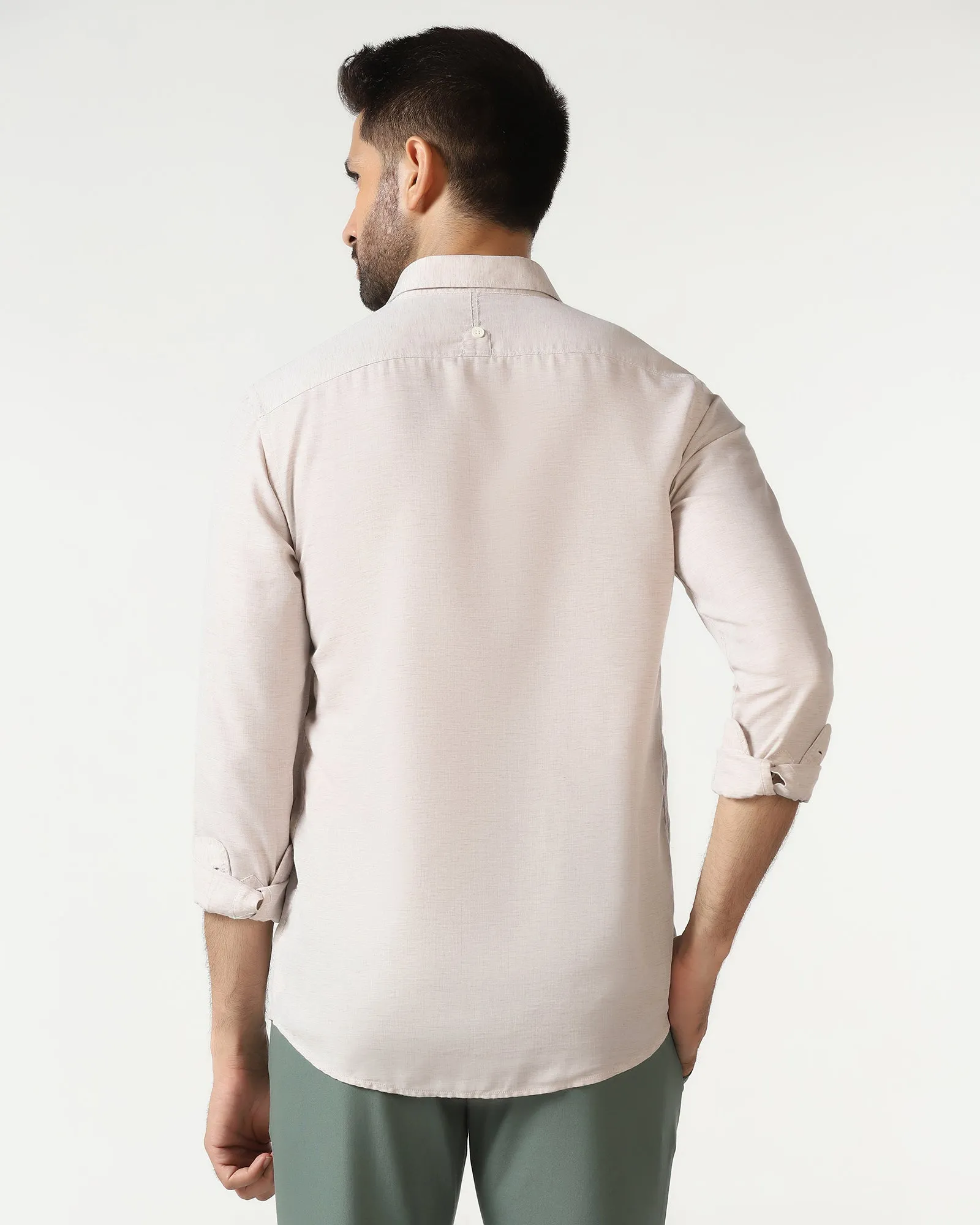 Formal Elegance Slim Silhouette Casual Beige Solid Shirt - Josko